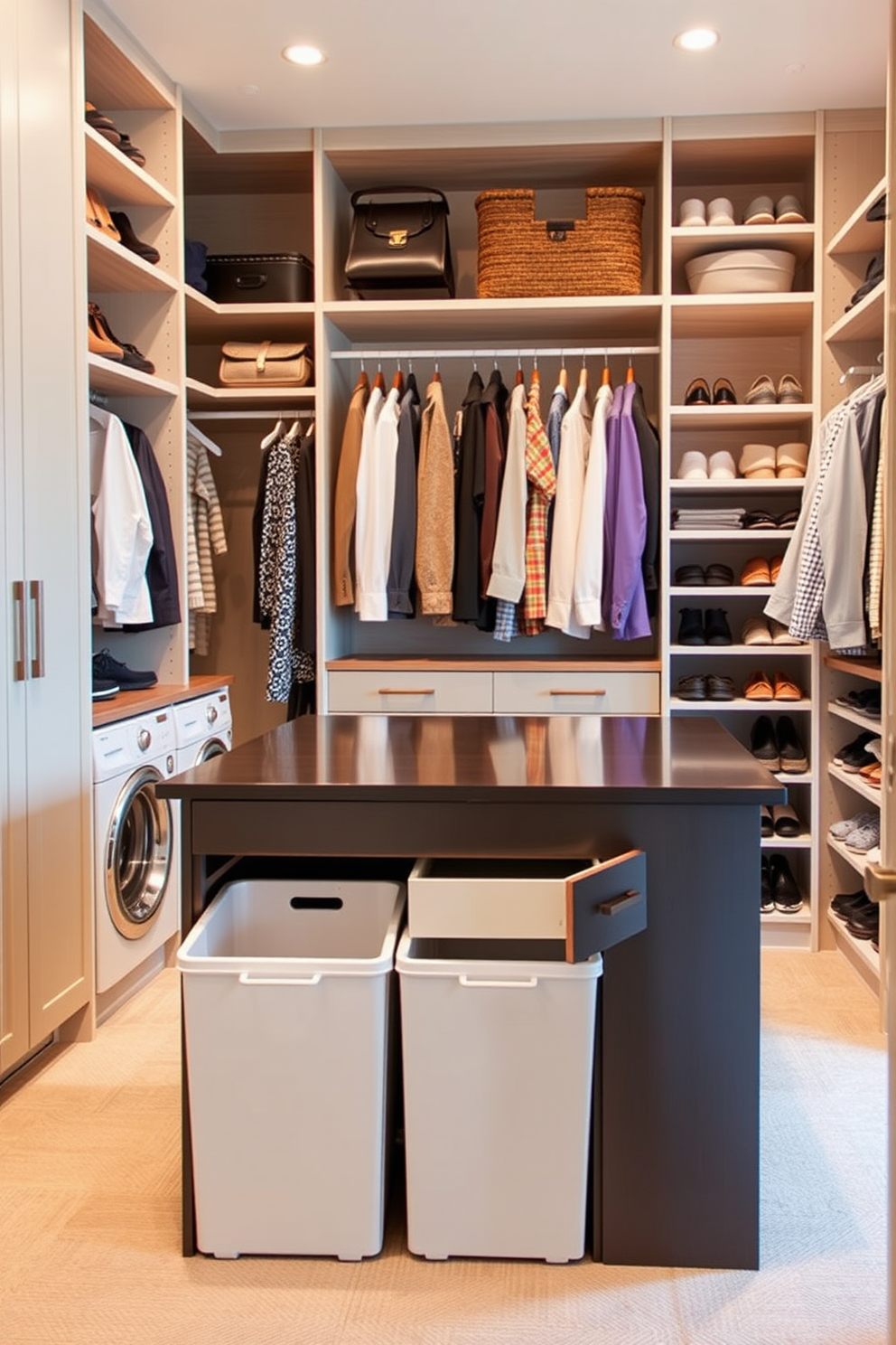 A spacious walk-in closet features dual purpose furniture that seamlessly integrates laundry storage and clothing organization. The design includes a stylish island with built-in hampers and drawers, surrounded by custom shelving for shoes and accessories.