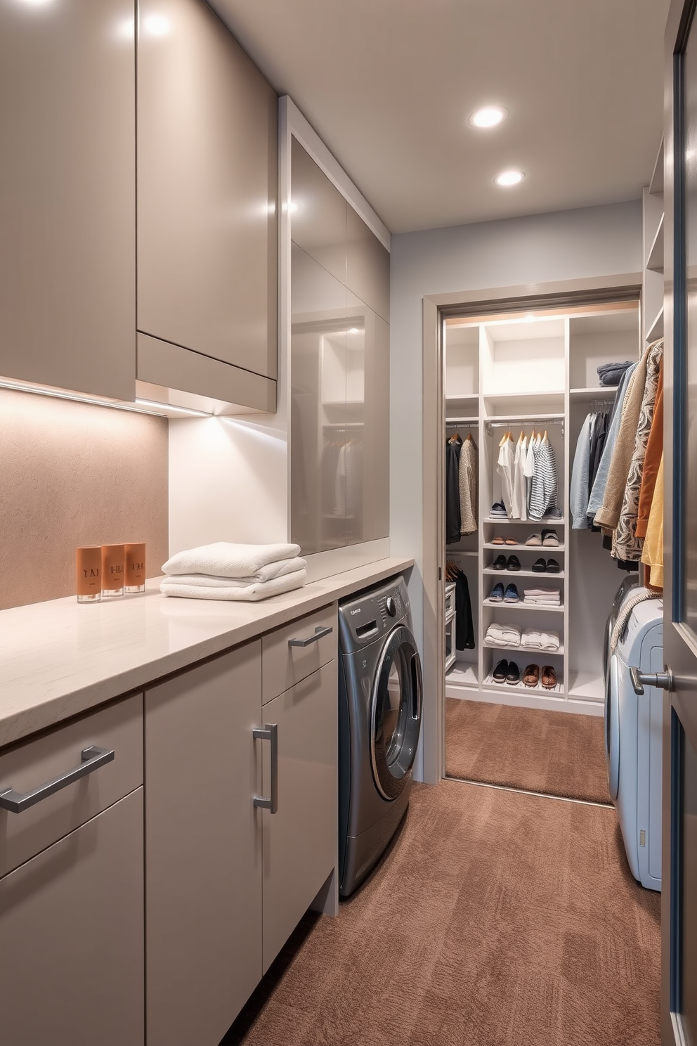 A walk-in closet designed with ample space for storage and organization. The walls are lined with custom shelving and drawers, while a dedicated laundry area features a stylish washer and dryer seamlessly integrated into the design. Lush greenery is incorporated throughout the space to create a refreshing vibe. Potted plants and vertical gardens add a touch of nature, enhancing the overall aesthetic and promoting a serene atmosphere.