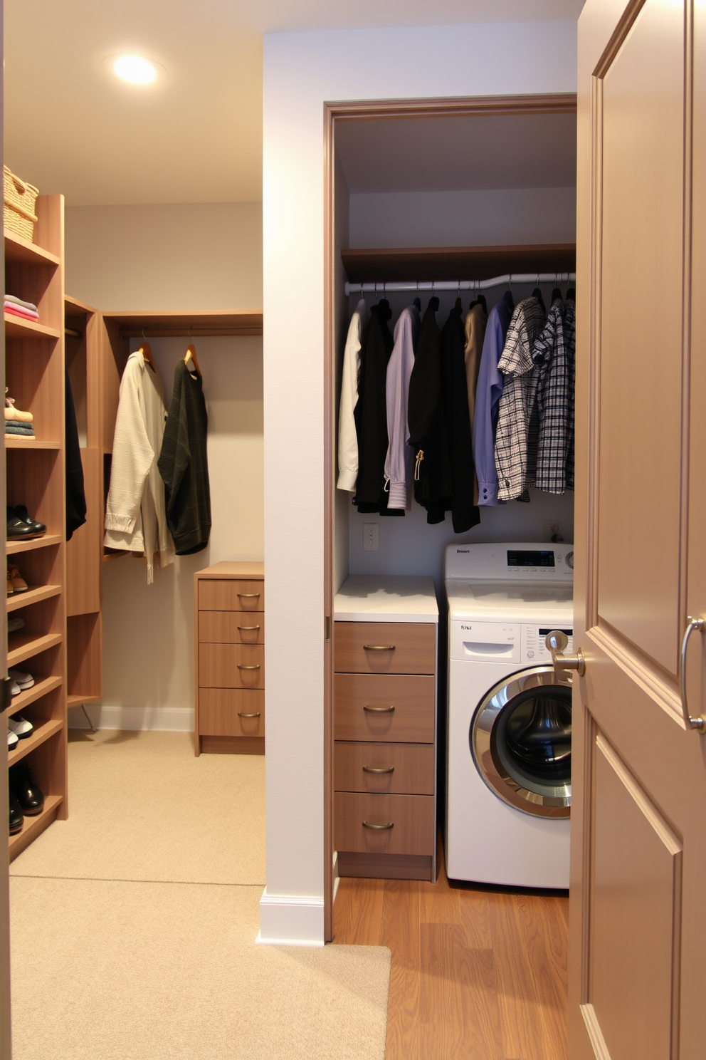 A stylish walk-in closet seamlessly transitions into a laundry area. The closet features custom shelving and hanging space, while the laundry section includes a stacked washer and dryer behind elegant cabinetry.