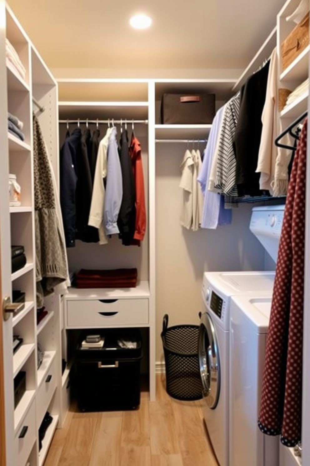 A functional pegboard for accessories is mounted on the wall, providing organized storage for various items. Below the pegboard, a small bench with a cushion offers a comfortable spot for putting on shoes. The walk-in closet features built-in shelving and hanging space, maximizing storage efficiency. A designated laundry area is integrated into the design, complete with a countertop for folding clothes and a stylish washer and dryer setup.