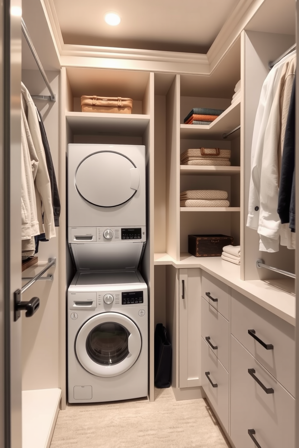 A functional dual access laundry closet with sleek cabinetry and ample storage space. The closet features a stacked washer and dryer, surrounded by built-in shelves for laundry supplies and a countertop for folding clothes. An elegant walk-in closet with a designated laundry area seamlessly integrated. This design includes a spacious layout with hanging racks, shoe storage, and a compact washer and dryer tucked away in a stylish cabinet.