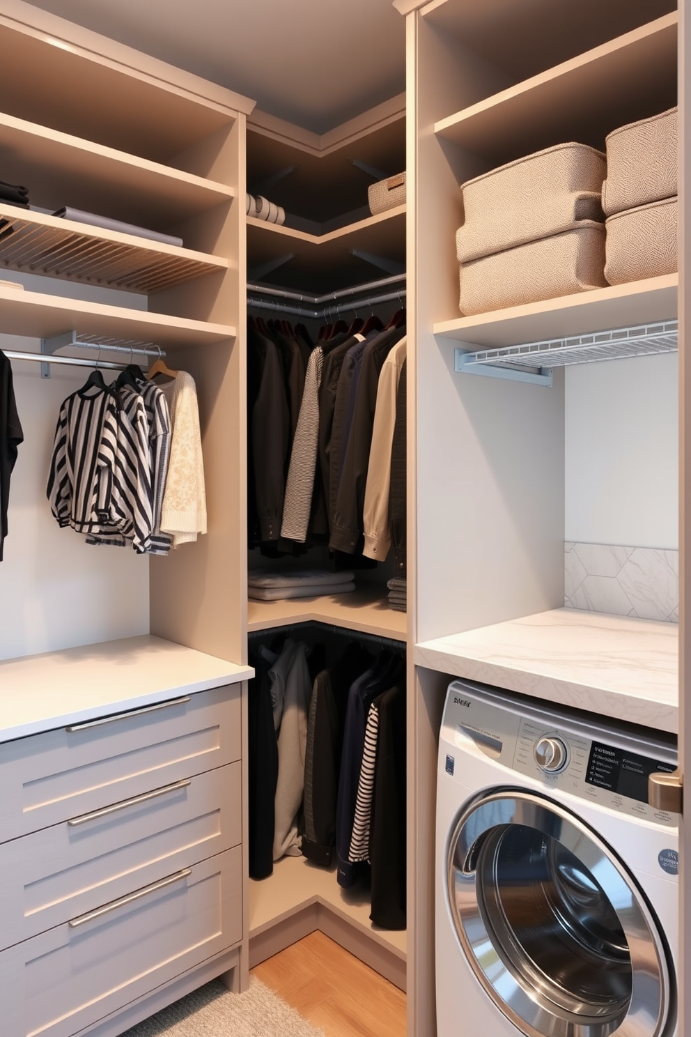 A spacious walk-in closet designed for optimal workflow features built-in shelving and hanging rods that maximize storage. The laundry area is seamlessly integrated with a countertop for folding clothes and a stylish washer and dryer setup, ensuring functionality and convenience. Natural light floods the space through a large window, enhancing the bright and airy atmosphere. Soft, neutral colors on the walls and cabinetry create a calming environment, complemented by decorative baskets and organized accessories for a tidy appearance.