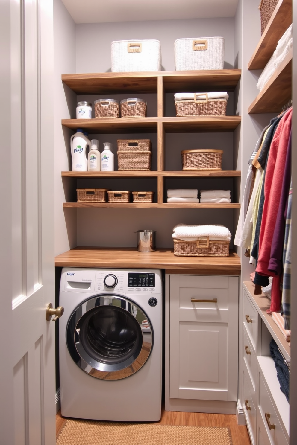 Open shelving for easy laundry access. The shelves are made of natural wood and neatly display baskets for sorting clothes and laundry supplies. The walk-in closet features a spacious layout with a combination of hanging rods and shelves. Soft lighting illuminates the area, creating a welcoming atmosphere for organizing clothing and accessories.