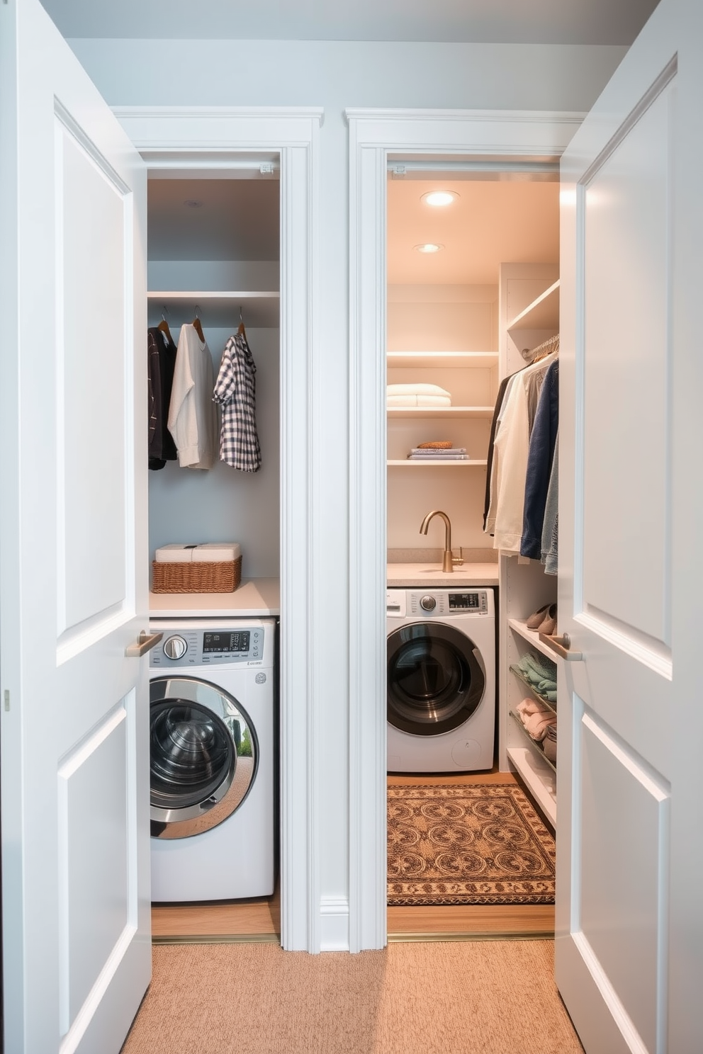 A concealed laundry area is cleverly integrated behind elegant closet doors, maintaining a seamless and organized aesthetic. The design features a compact washer and dryer, with built-in shelving for laundry essentials, ensuring functionality without sacrificing style. The walk-in closet is spacious and well-lit, showcasing custom shelving and hanging options for clothing and accessories. A dedicated laundry section within the closet includes a stylish folding station, making it easy to manage laundry while keeping the space tidy.