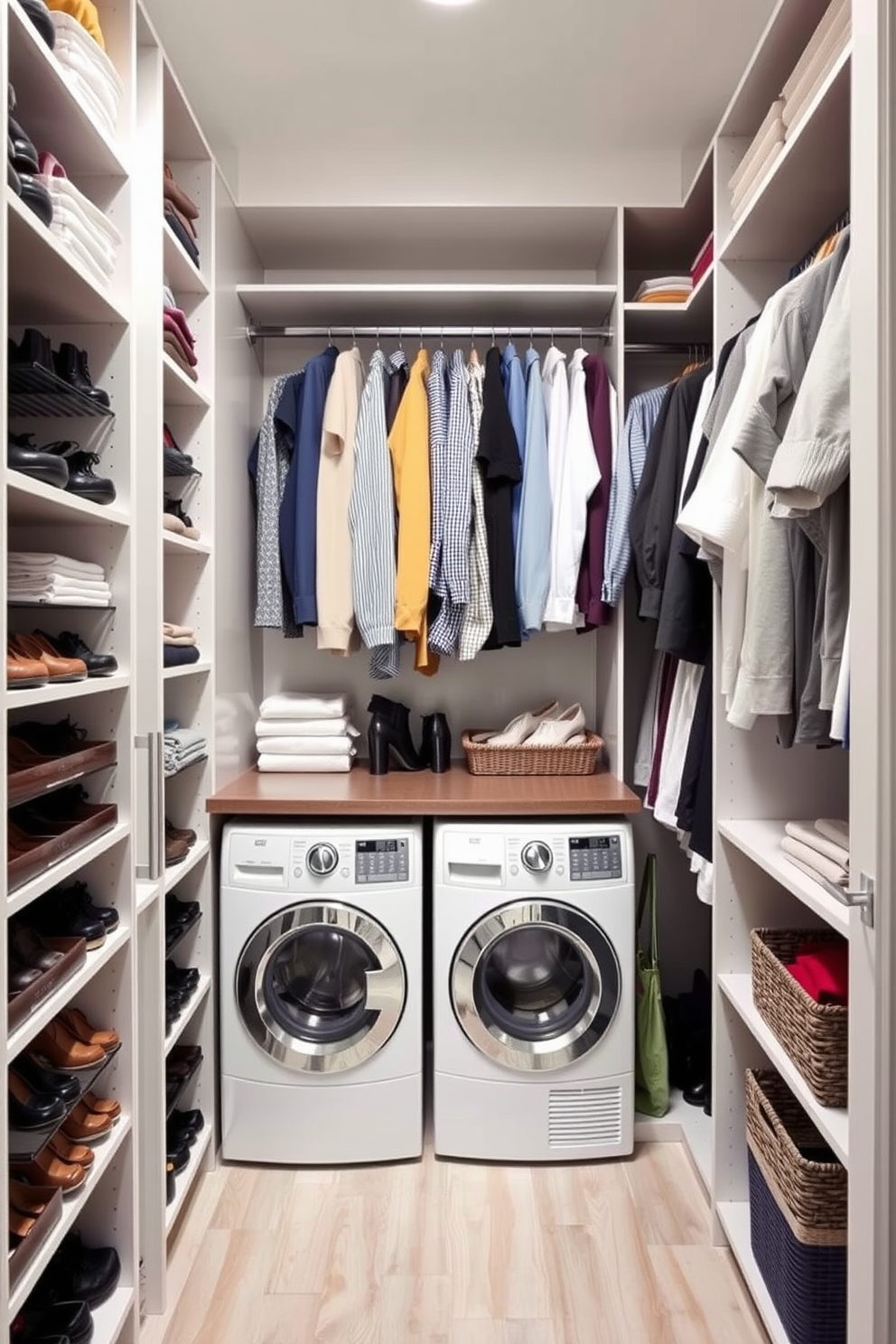 A stylish walk-in closet featuring clever use of vertical space for storage. Shelving units extend from floor to ceiling, filled with neatly organized shoes and folded clothes, while a hanging rod displays an array of garments. Incorporated into the design is a dedicated laundry area with a compact washer and dryer. A countertop above the machines provides a convenient space for folding laundry, complemented by baskets for sorting clothes.