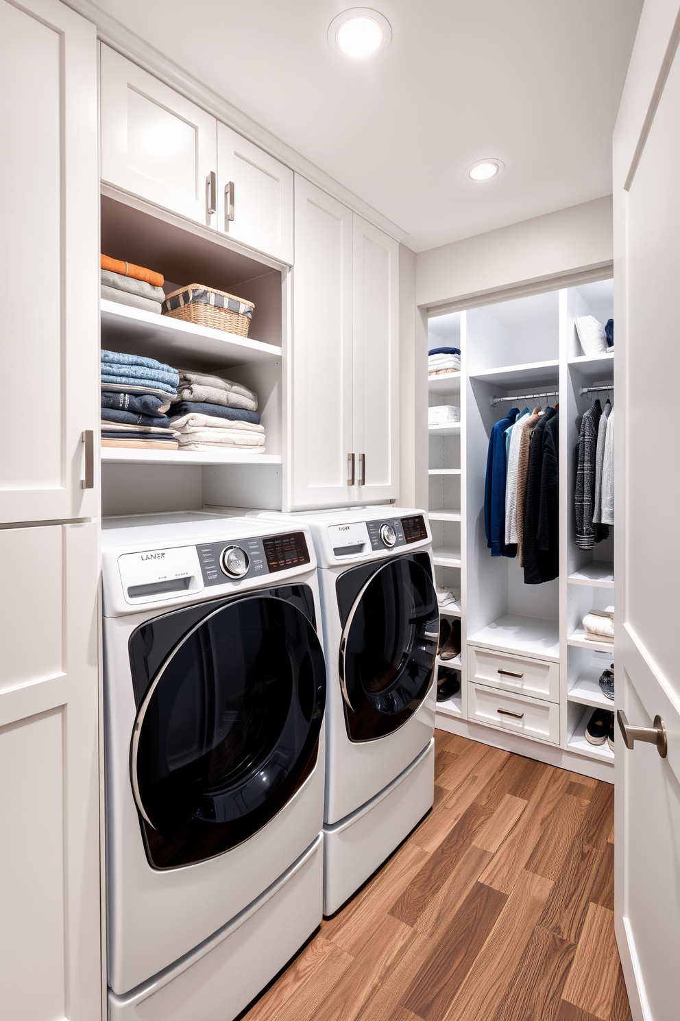 Bright lighting fills a functional laundry space featuring sleek white cabinets and a spacious countertop for folding clothes. The room includes a washing machine and dryer stacked for efficiency, with organized shelves above for laundry supplies. The walk-in closet is designed with ample storage, showcasing built-in shelves and hanging rods for clothing organization. Soft lighting enhances the elegant finishes, creating a seamless transition between the laundry area and the closet.