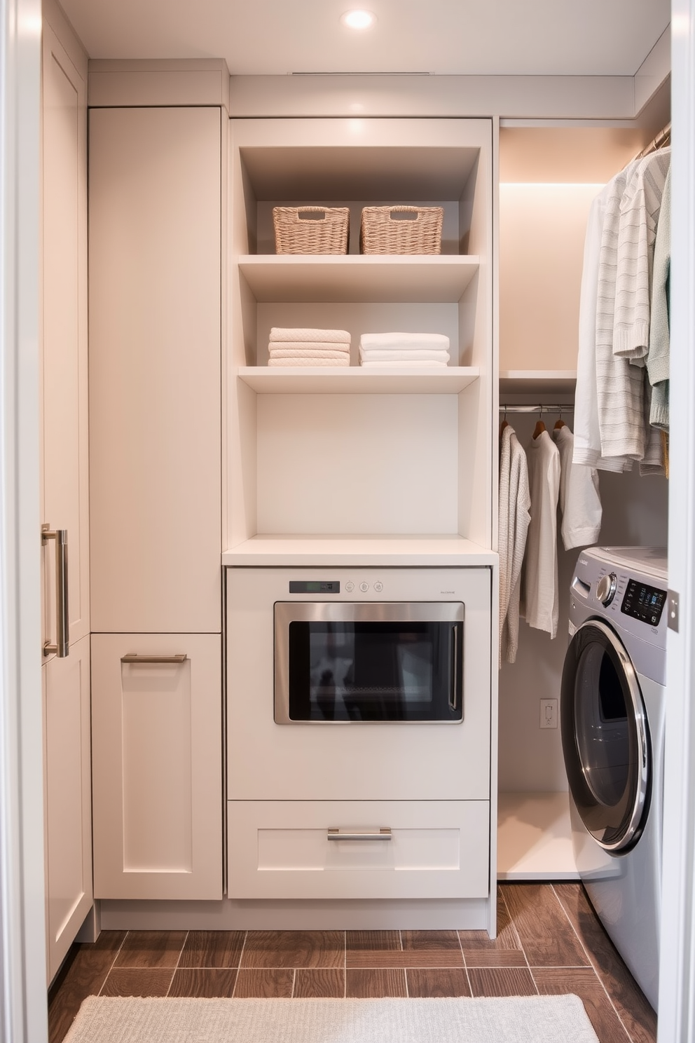 Bright lighting for functional workspace. The room features large windows that allow natural light to flood in, complemented by sleek recessed ceiling lights for a modern touch. Walk-In-Closet with Laundry Design Ideas. The closet includes built-in shelves and hanging space, while a dedicated laundry area is equipped with a washer and dryer, seamlessly integrated into the design.