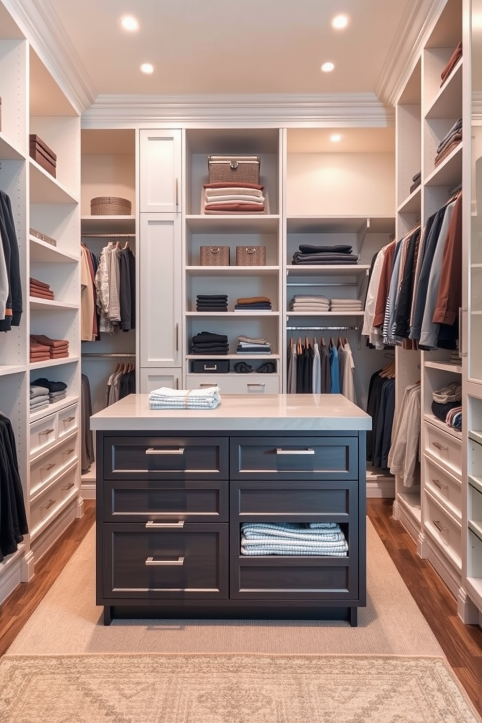 A functional island for folding clothes sits in the center of the walk-in closet. It features a smooth countertop and built-in storage drawers, surrounded by organized shelves and hanging rods for clothing. The walk-in closet is designed with ample space and natural light, showcasing a blend of open shelving and closed cabinetry. Soft lighting highlights the organized layout, while a stylish rug adds warmth to the space.