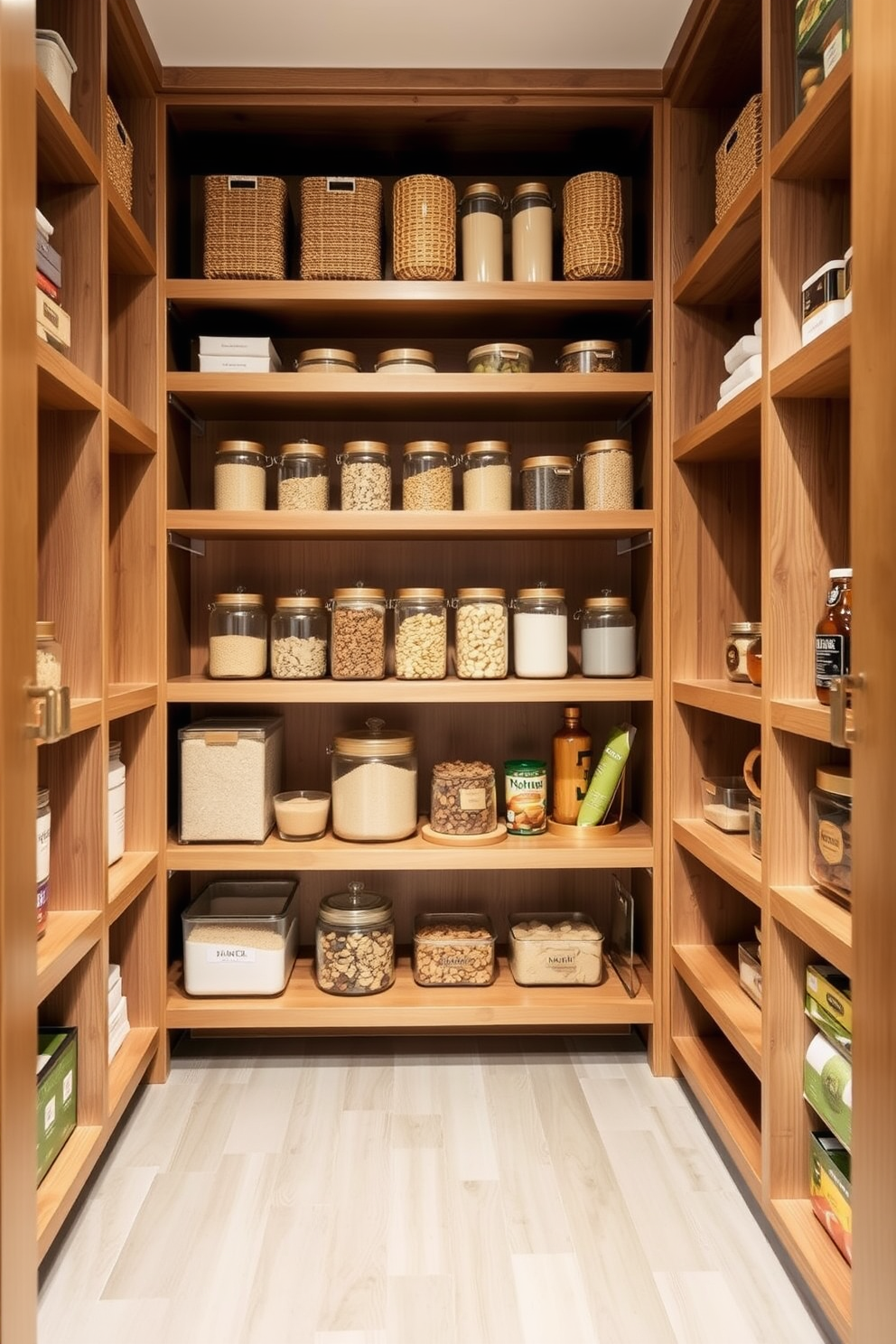 A spacious walk-in pantry featuring open shelving that showcases an array of decorative baskets in various sizes. The shelves are made of natural wood, providing a warm contrast to the white walls, while the baskets add texture and organization to the space.