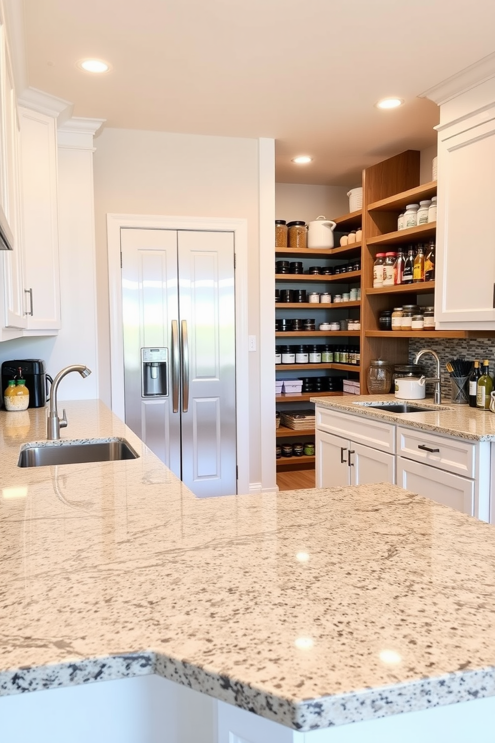 A spacious kitchen featuring ample counter space for meal prep. The countertops are made of sleek granite, complemented by modern stainless steel appliances and a stylish backsplash. Adjacent to the kitchen, a walk-in pantry designed with custom shelving and organized storage solutions. The pantry is well-lit with overhead lighting, showcasing neatly arranged jars and containers for easy access.