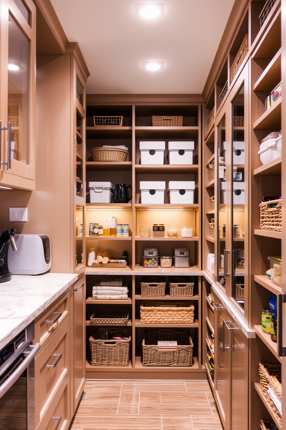 A walk-in pantry featuring elegant marble countertops that enhance the overall sophistication of the space. The pantry is organized with open shelving and wooden cabinets, creating a functional yet stylish area for storage and meal preparation.