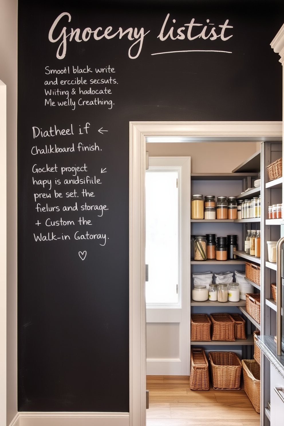 A chalkboard wall is designed for grocery lists, providing a functional and stylish touch to the kitchen. It features a smooth black finish that allows for easy writing and erasing, enhancing organization and creativity. The walk-in pantry is spacious and well-organized, with custom shelving that maximizes storage. Natural light filters in through a frosted glass window, illuminating the carefully arranged jars and baskets filled with ingredients.