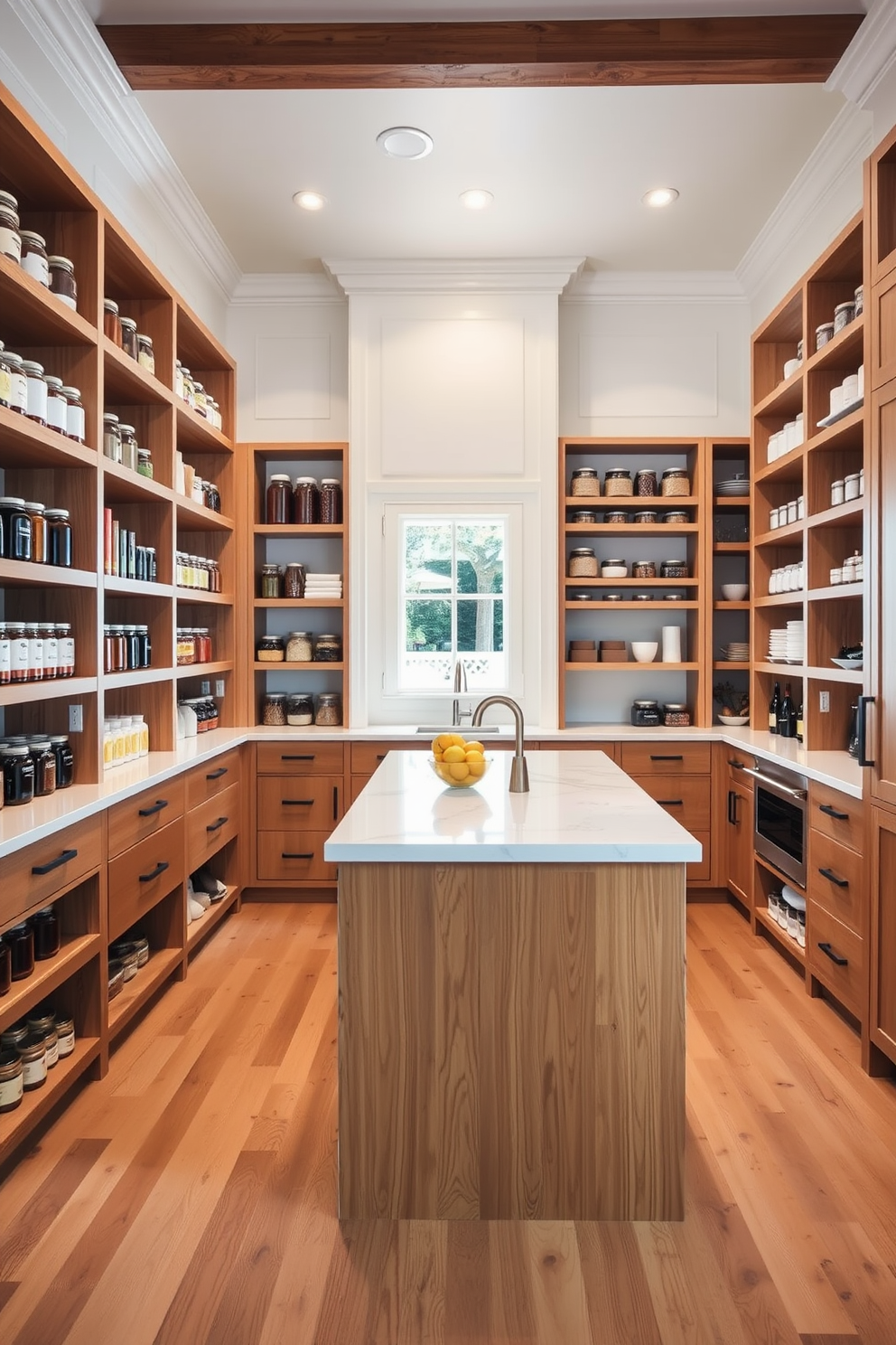 A stylish walk-in pantry featuring vertical storage solutions for small items. Shelving units are designed to maximize space, with clear containers for easy visibility and access to pantry staples. The walls are painted in a soft white hue, creating a bright and airy feel. Natural wood accents add warmth, while a small countertop provides space for meal prep or organizing groceries.