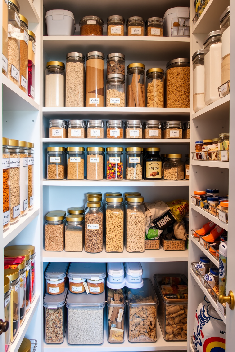 A spacious walk-in pantry featuring pull-out drawers for easy access. The shelves are neatly organized with clear containers, and a small wooden island sits in the center for additional workspace.