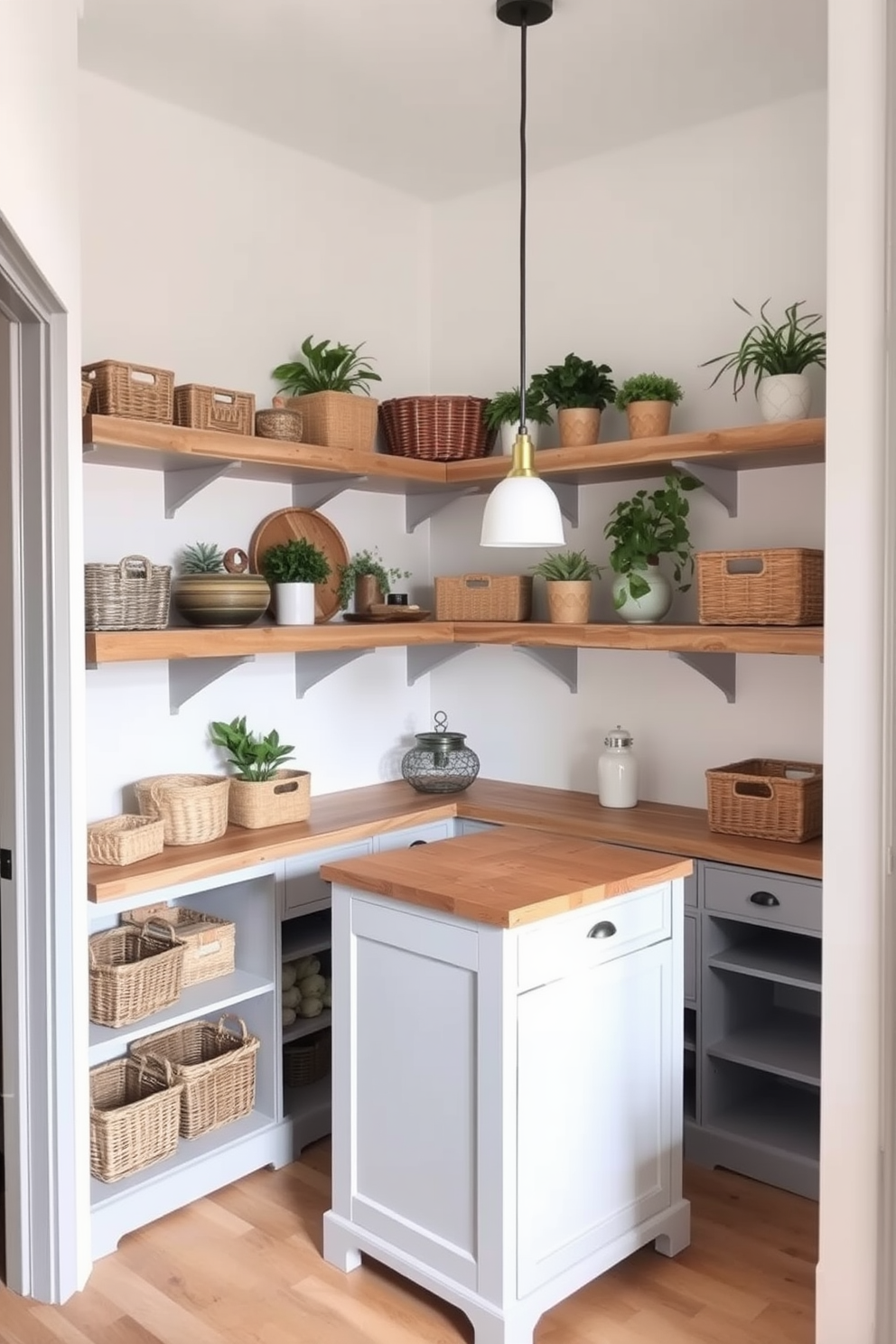 A chalkboard wall serves as an interactive space for grocery lists and meal planning. The wall is framed with rustic wood, adding warmth to the kitchen environment. The walk-in pantry features open shelving made of reclaimed wood, showcasing neatly organized jars and containers. Soft, ambient lighting highlights the space, creating an inviting atmosphere for meal prep and storage.