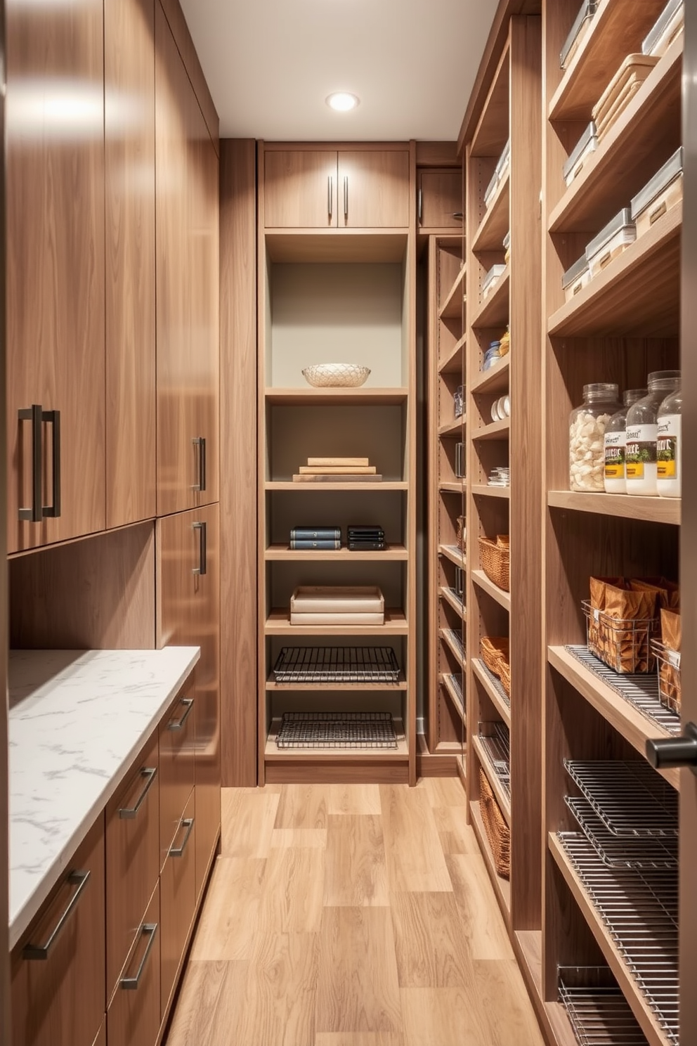 A walk-in pantry designed with hidden appliances creates an organized and clutter-free space. The cabinetry features seamless doors that blend into the walls, providing ample storage for dry goods and kitchen essentials. Inside, a spacious countertop area allows for food prep while maintaining a minimalist aesthetic. Thoughtfully placed lighting highlights the pantry's contents without compromising the clean look of the design.