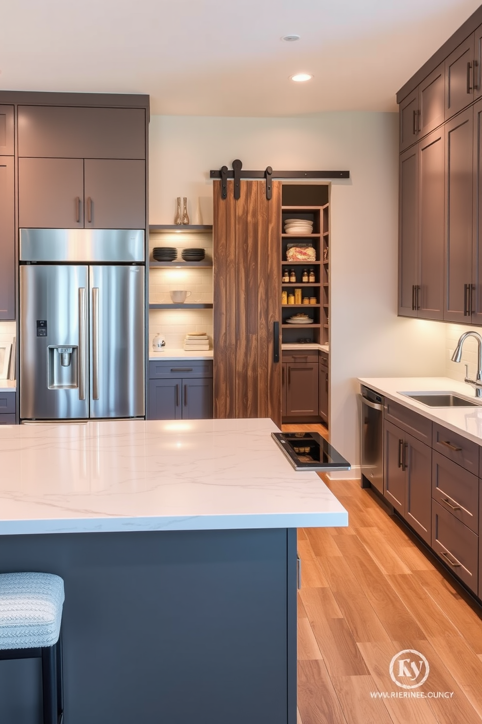 Integrated appliances for seamless design. The kitchen features sleek cabinetry that conceals the refrigerator and dishwasher, creating a unified look. A large island with a waterfall countertop serves as the focal point, equipped with a built-in cooktop and integrated seating. Soft under-cabinet lighting highlights the clean lines and enhances the overall ambiance. Walk-In Pantry Design Ideas. The pantry is designed with floor-to-ceiling shelving that maximizes storage while keeping everything organized. A sliding barn door adds a rustic touch, and a small countertop area provides space for meal prep or additional storage.