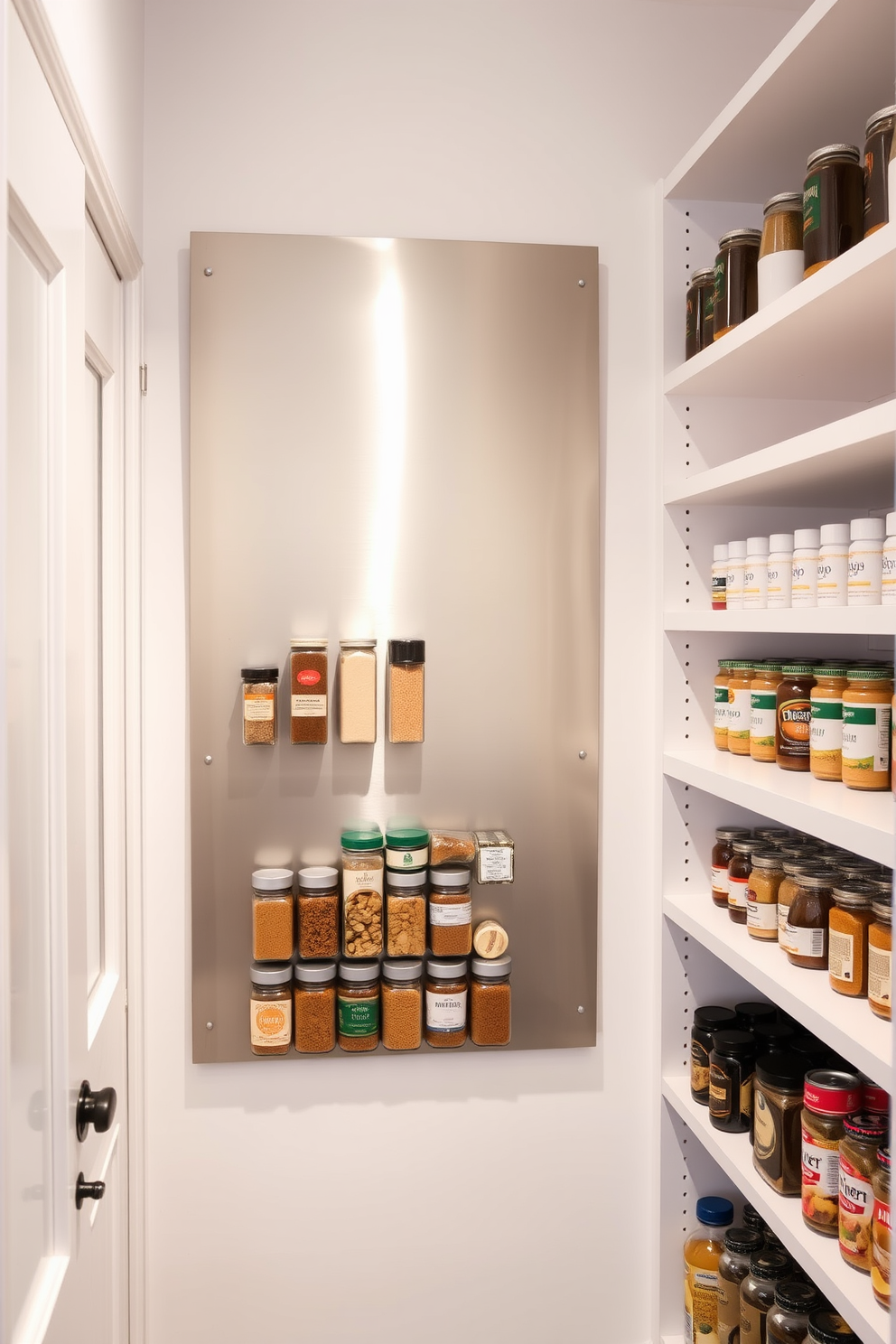 A modern walk-in pantry featuring a sleek metal board mounted on the wall to hold magnetic spice jars. The pantry is organized with open shelving displaying neatly arranged jars, and the walls are painted in a light, airy color to enhance brightness.