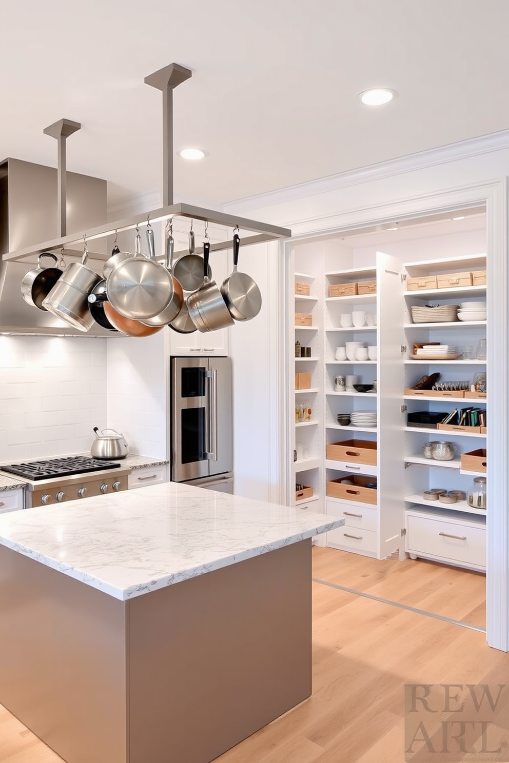 A modern kitchen featuring hanging racks for pots and pans made of brushed stainless steel. The racks are elegantly arranged above a spacious island with a polished granite countertop, creating a functional and stylish cooking space. A beautifully organized walk-in pantry with custom shelving and pull-out drawers. The walls are painted a soft white, and the floor is covered with light hardwood, enhancing the bright and airy feel of the space.