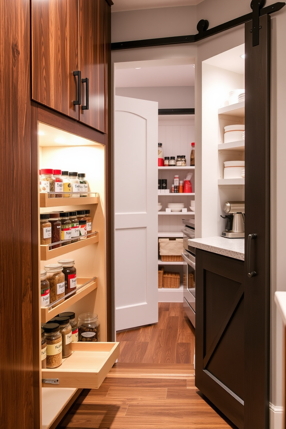 A built-in spice rack seamlessly integrated into the cabinetry provides easy access and organization for all your cooking essentials. The design features labeled jars and a pull-out shelf for maximum efficiency and style. The walk-in pantry is designed with ample shelving and designated storage areas for bulk items and small appliances. Soft lighting and a sliding barn door create a warm and inviting atmosphere for meal prep and storage.