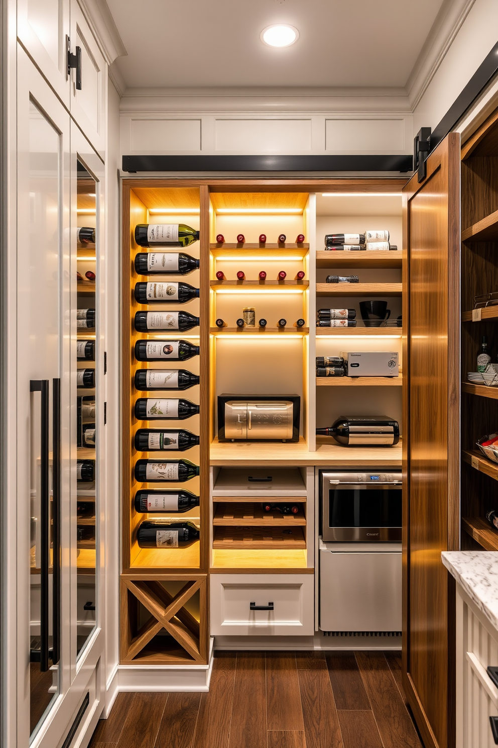 A built-in wine rack designed for enthusiasts showcases a sleek wooden frame with space for various bottle sizes. The rack is illuminated with soft LED lights, enhancing the rich colors of the wine while complementing the surrounding cabinetry. The walk-in pantry features custom shelving that maximizes storage efficiency and accessibility. It includes a dedicated area for appliances, a countertop for meal prep, and a stylish sliding barn door for easy access.