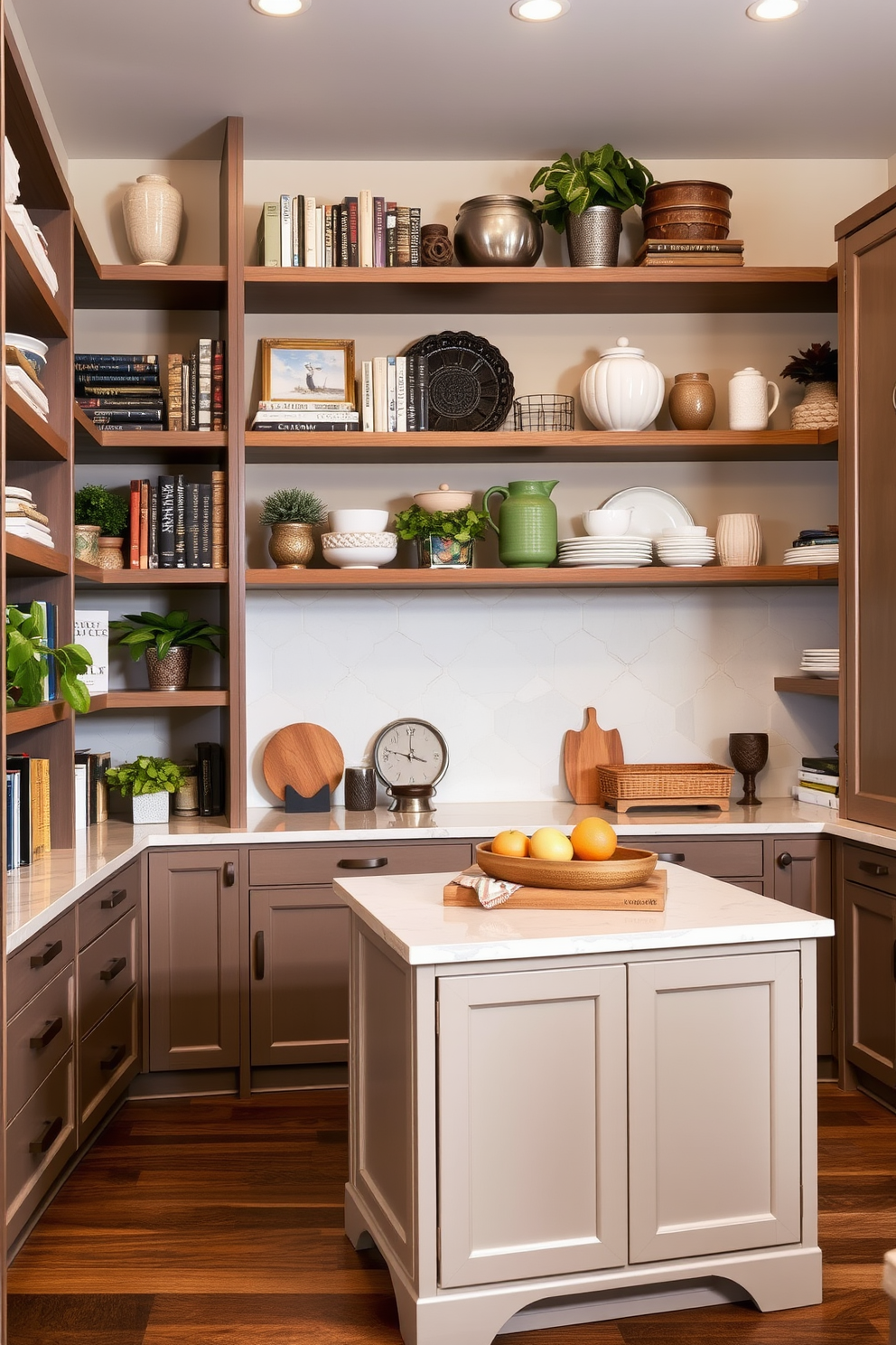 Open shelving with decorative items. The shelves are filled with a curated selection of books, plants, and artisanal kitchenware, creating an inviting and personalized display. Walk-In Pantry Design Ideas. The pantry features custom cabinetry with ample storage space, complemented by a large island in the center for food preparation and organization.