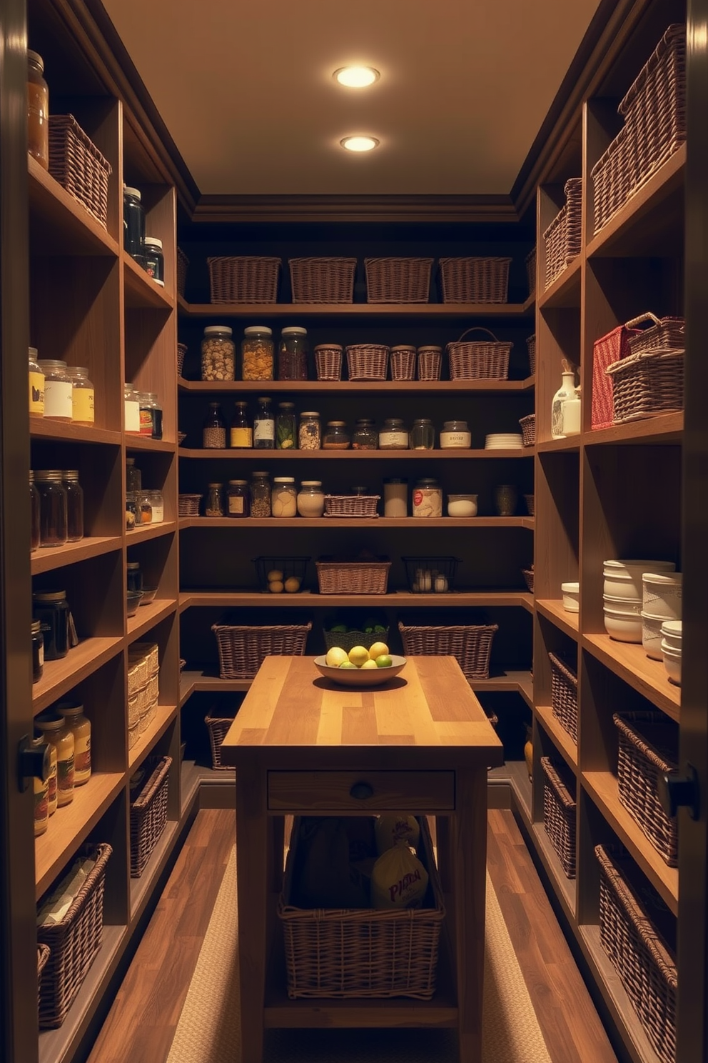 A warm and inviting walk-in pantry featuring soft mood lighting that creates a cozy atmosphere. The shelves are lined with neatly organized jars and baskets, while a small wooden table in the center provides ample space for meal prep and storage.