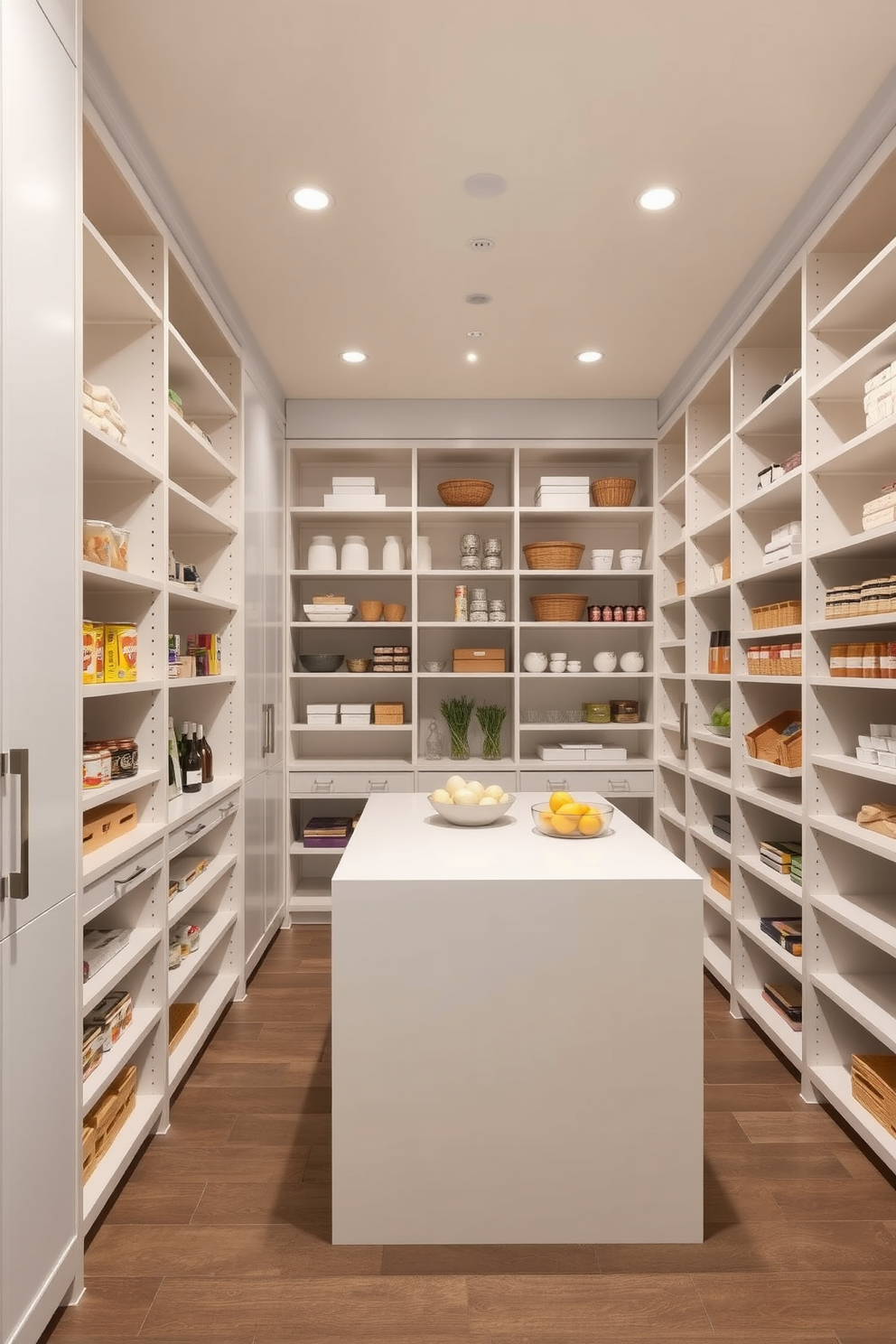 A spacious walk-in pantry features floor-to-ceiling shelving that provides ample storage for all kitchen essentials. The shelves are neatly organized with labeled containers, while a small island in the center offers additional workspace and a place for meal prep.