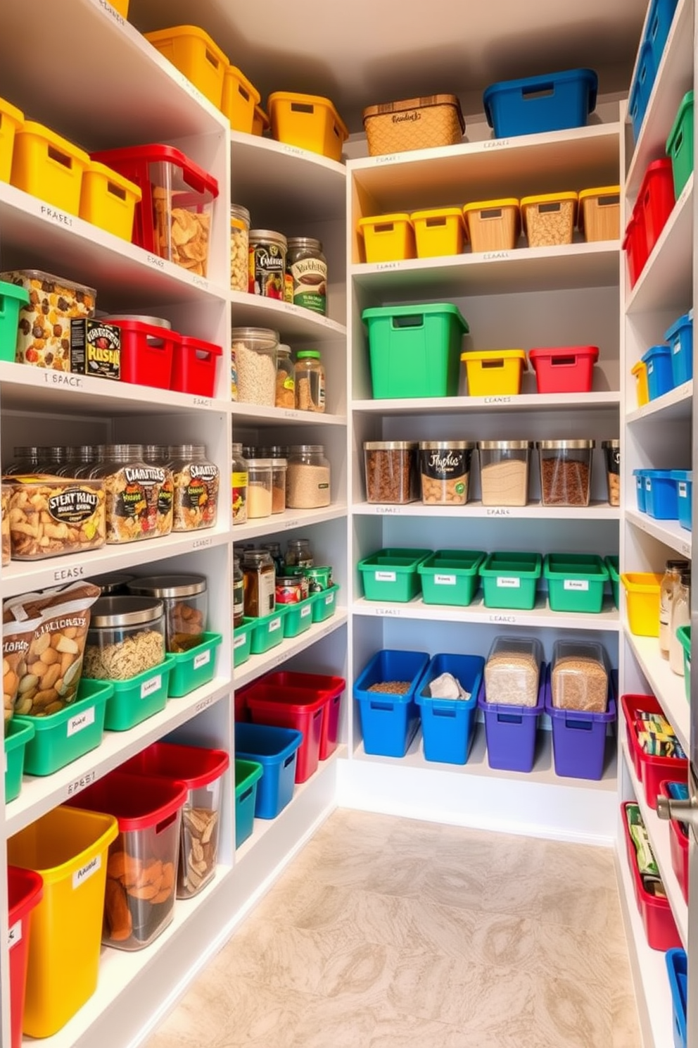 A spacious walk-in pantry designed for color-coded organization features shelves filled with neatly arranged containers in various colors. Each section is labeled for easy finding, with vibrant bins for snacks, grains, and spices, creating a visually appealing and functional space.