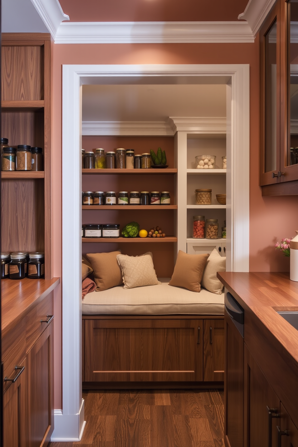 A cozy pantry seating area designed for relaxation. The space features a built-in bench with plush cushions, surrounded by shelves filled with jars and fresh produce. The walls are painted in warm earth tones, creating an inviting atmosphere. Soft lighting illuminates the area, enhancing the natural wood finishes of the cabinetry and countertops.