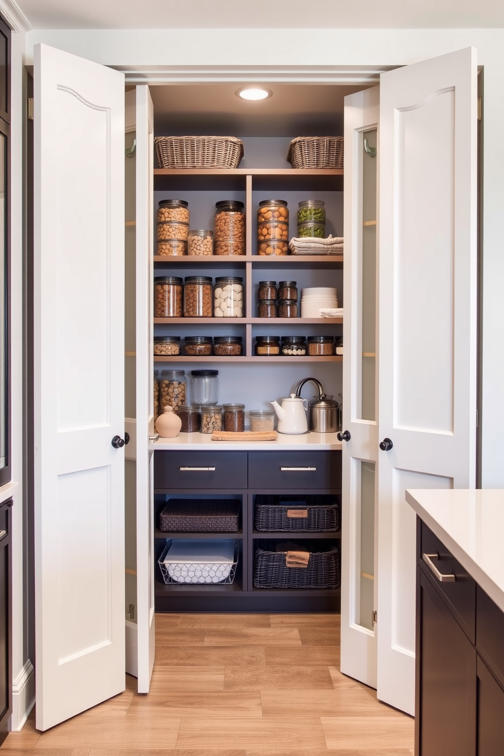 A cozy walk-in pantry filled with natural wood shelves lined with neatly organized jars and containers. Soft mood lighting illuminates the space, creating a warm and inviting atmosphere. The pantry features a central island with additional storage underneath, surrounded by pendant lights that add a touch of elegance. Fresh herbs in small pots sit on the windowsill, enhancing the welcoming vibe of the design.