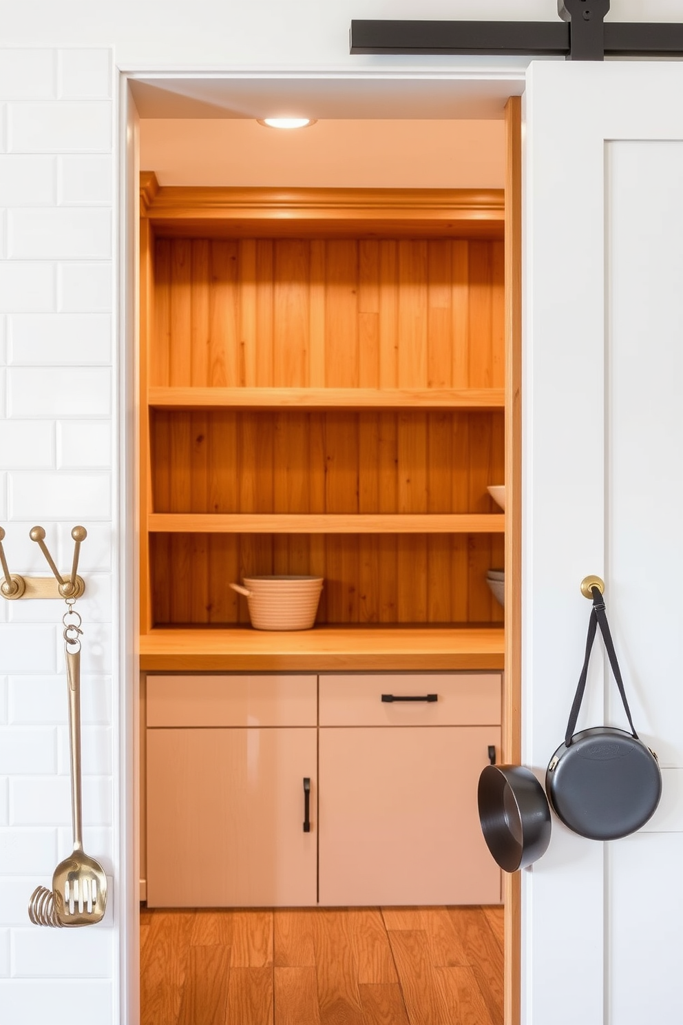 Decorative hooks for kitchen tools. The hooks are made of brushed brass and are mounted on a white subway tile backsplash, providing a stylish and functional way to hang utensils and pots. Walk-In Pantry Design Ideas. The pantry features custom-built shelving in a warm wood finish, with a sliding barn door that adds a rustic charm to the space while maximizing storage efficiency.