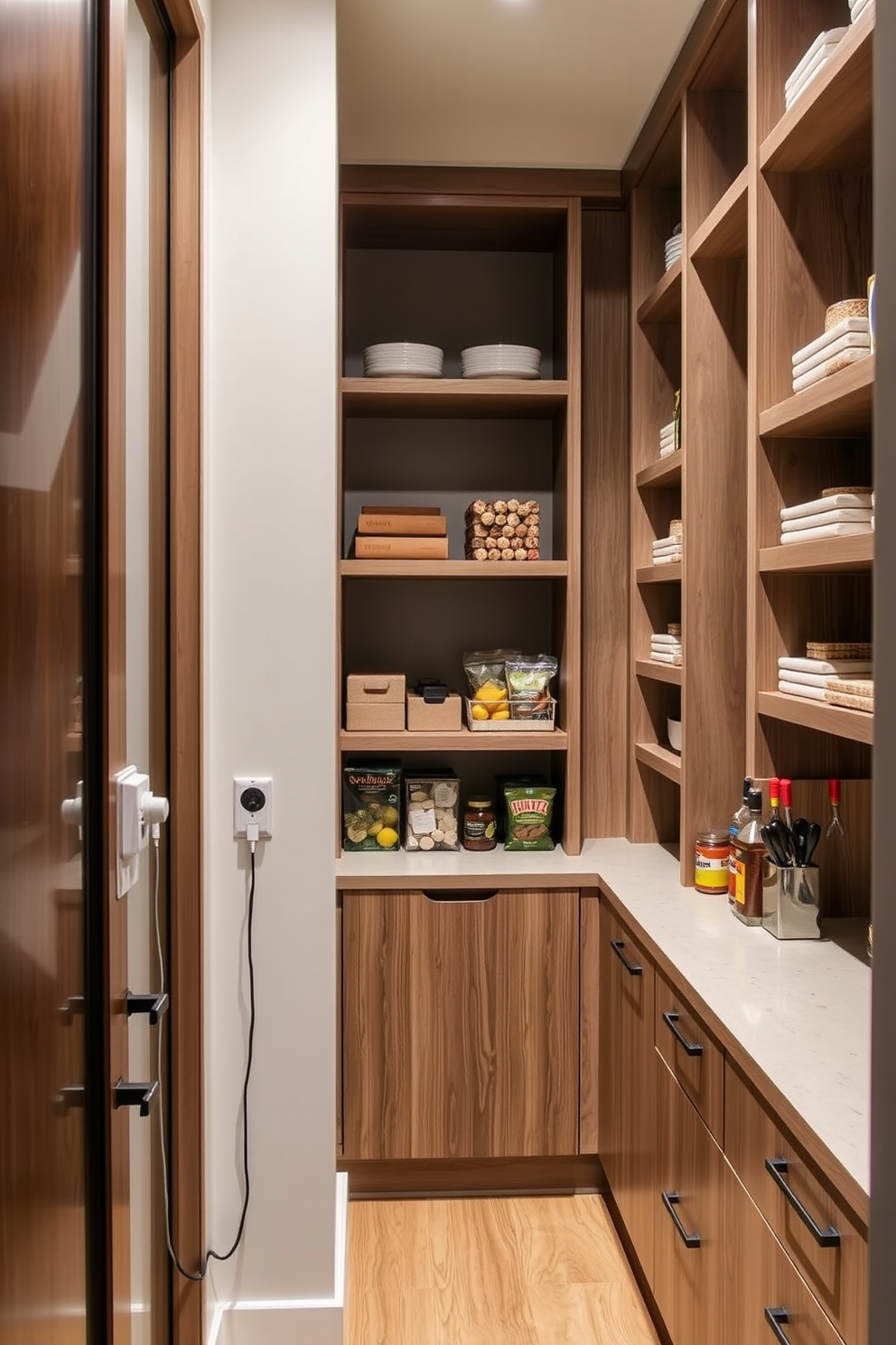 A spacious walk-in pantry designed with open shelving for easy access. The shelves are filled with neatly organized jars and containers, showcasing a variety of ingredients and pantry items.