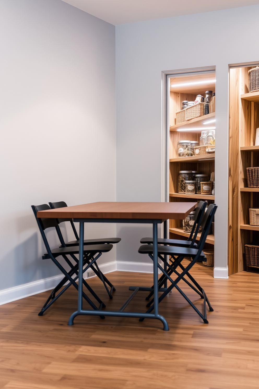 A modern folding table is set against a light gray wall, featuring a sleek wooden surface and minimalist metal legs. Surrounding the table are stylish folding chairs that can be tucked away when not in use, creating an open and airy feel in the room. The walk-in pantry is designed with custom shelving made of reclaimed wood, offering ample storage for food and kitchen essentials. Soft LED lighting illuminates the space, highlighting the organized jars and baskets that add a touch of warmth and charm.