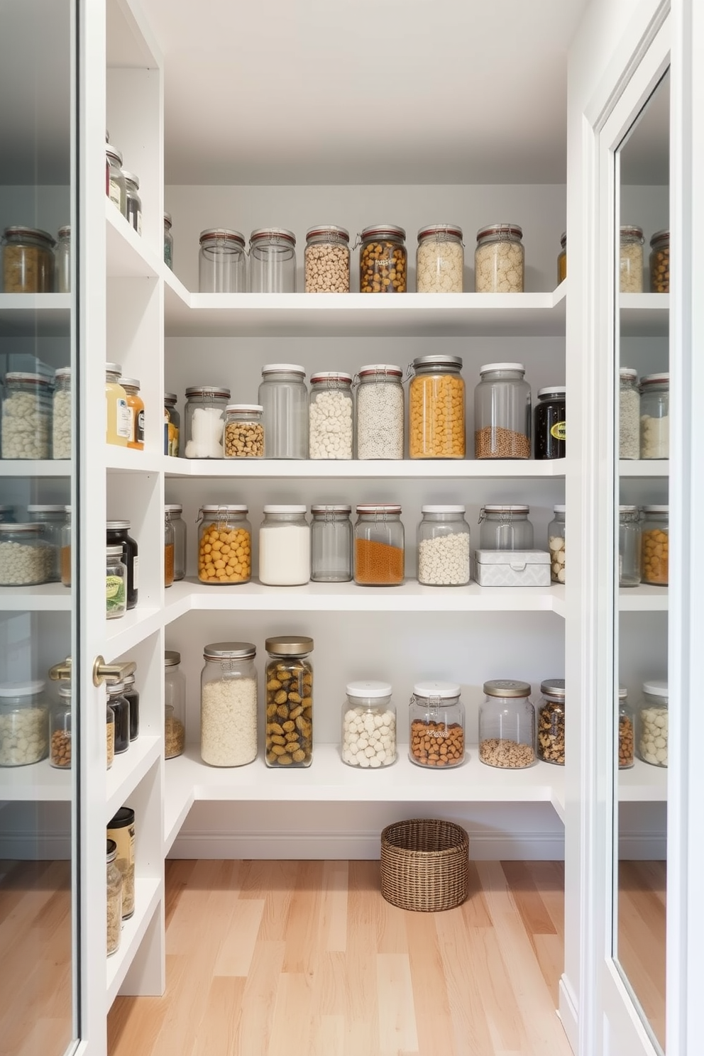 A modern walk-in pantry featuring built-in spice racks for easy access. The shelves are organized with clear containers, and the walls are painted in a soft white to enhance brightness. The pantry includes a large island in the center with additional storage underneath. Natural light floods in through a window, illuminating the fresh herbs and spices arranged neatly on the racks.