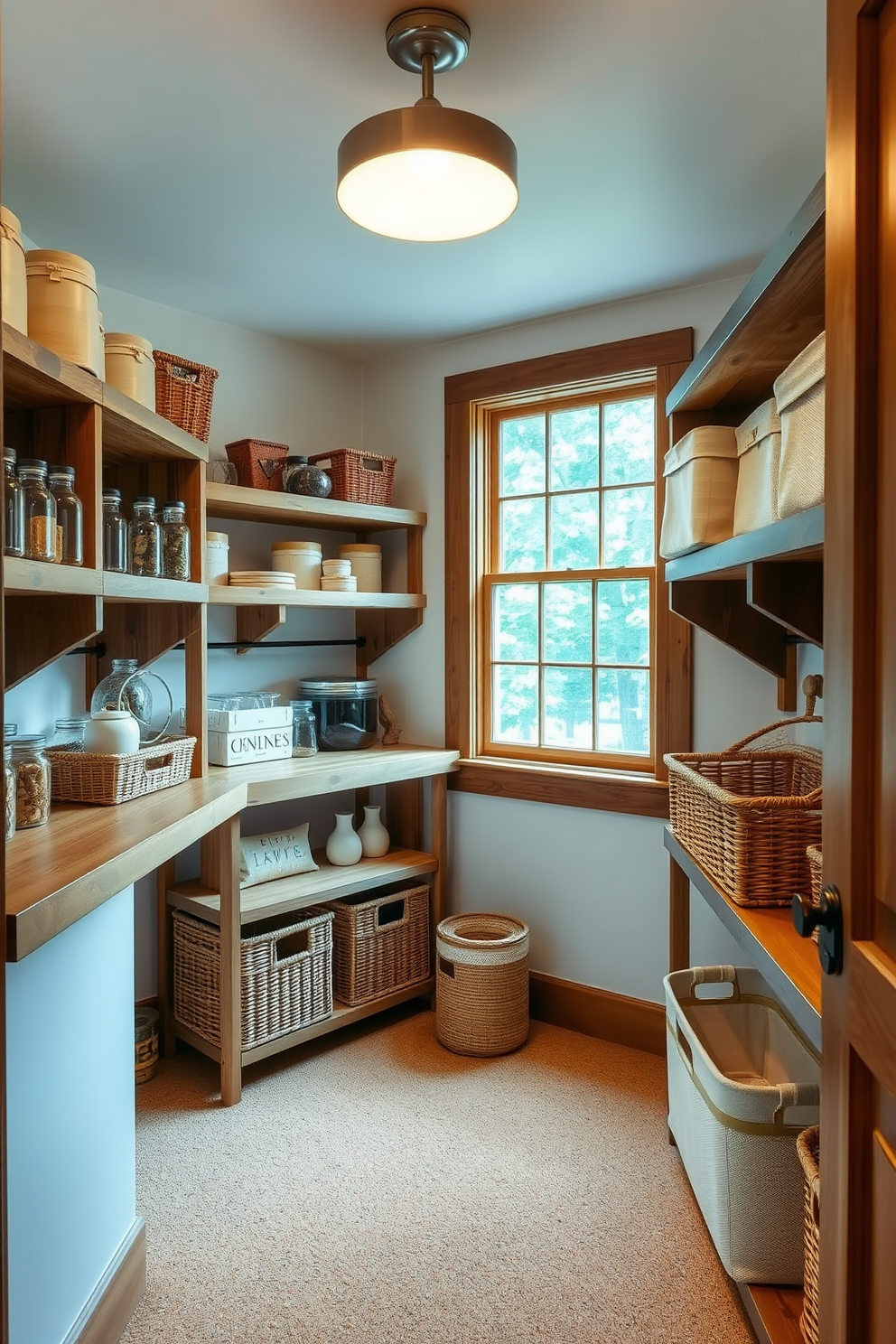 A cozy walk-in pantry featuring reclaimed wood shelving and bamboo storage bins. The walls are painted in a light neutral tone, and a large window allows natural light to fill the space. Sustainable materials are incorporated throughout the design, showcasing recycled glass containers and organic cotton baskets. The flooring is made of sustainable cork, providing both comfort and durability while maintaining an eco-friendly approach.