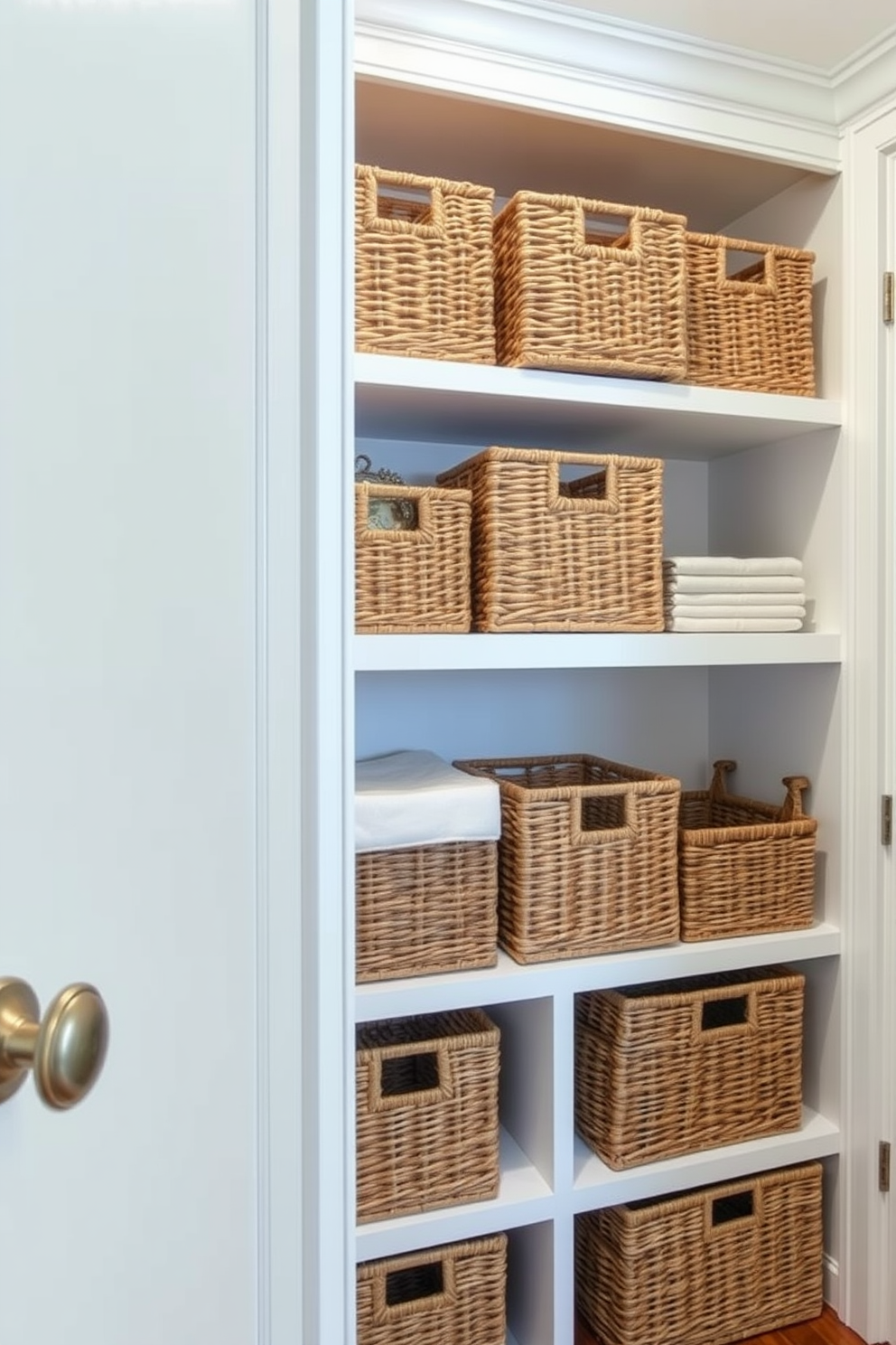 A cozy walk-in pantry with wooden shelves showcasing a rustic look. The shelves are filled with neatly organized jars, baskets, and kitchen essentials, creating an inviting atmosphere.