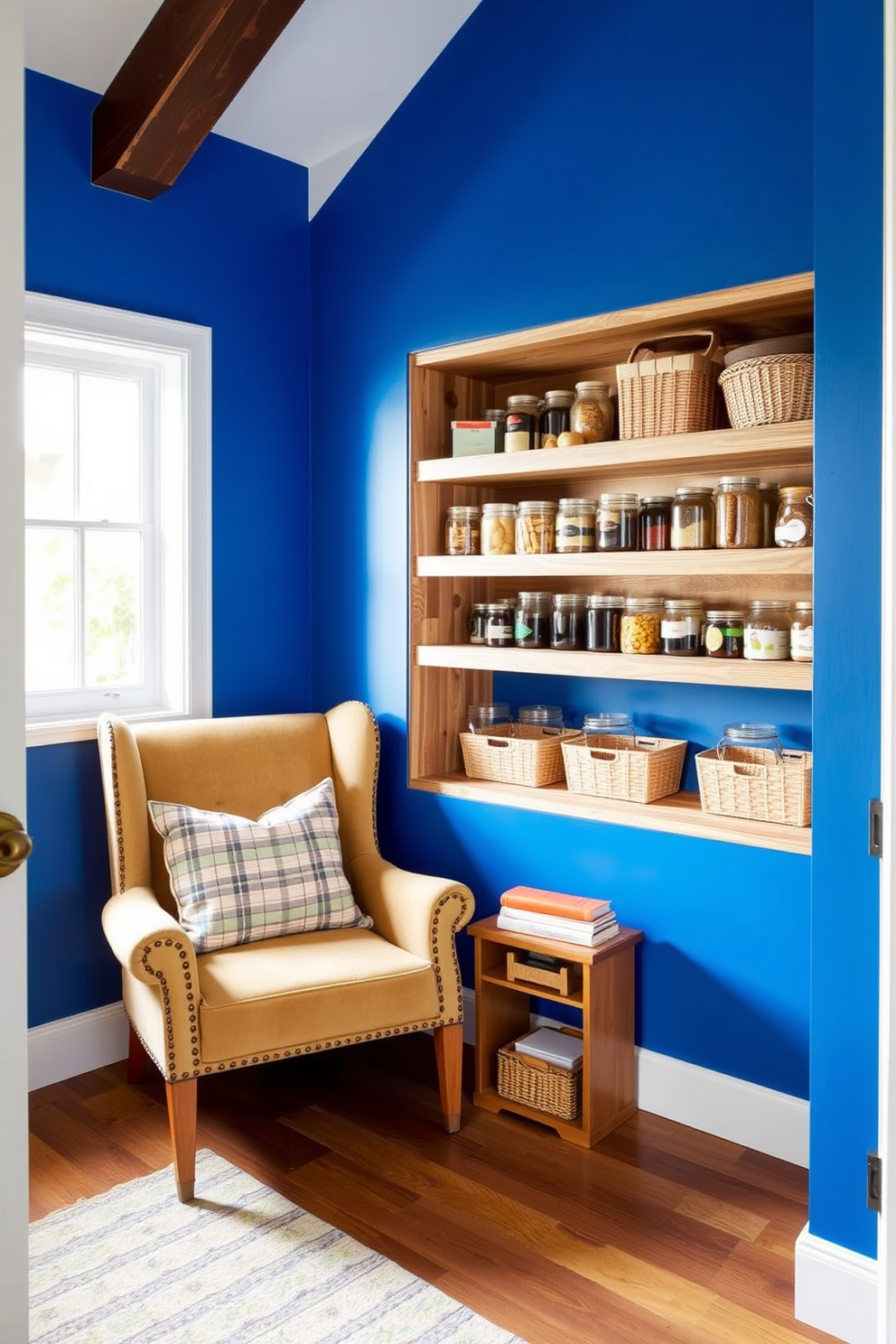 Colorful accent walls for personality. A vibrant blue wall serves as a backdrop for a cozy reading nook with a plush armchair and a small bookshelf. Walk-In Pantry Design Ideas. The pantry features open shelving made of reclaimed wood, showcasing neatly organized jars and baskets for a rustic yet functional look.