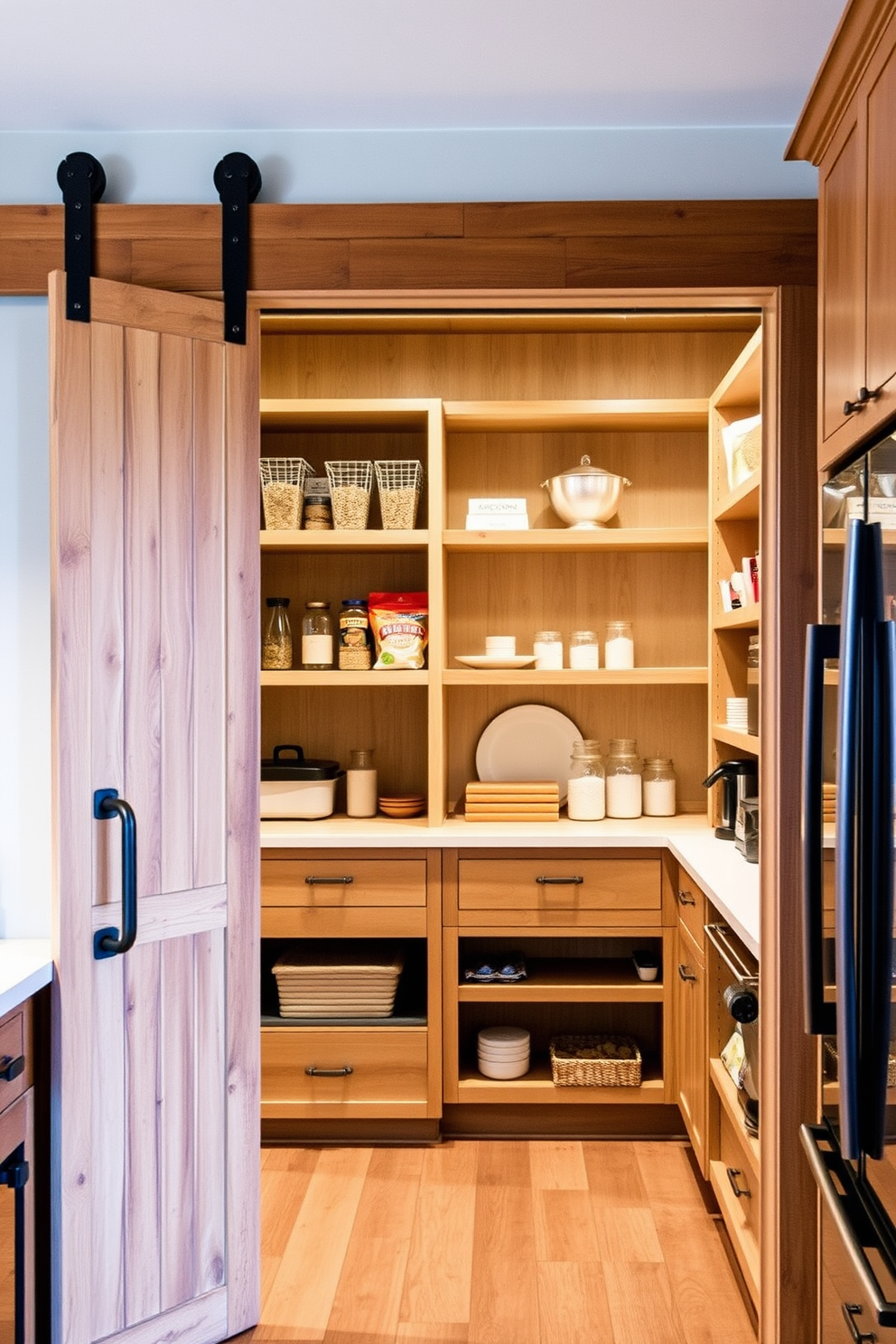 A charming walk-in pantry features sliding barn doors that add rustic elegance to the space. Inside, shelves are neatly organized with glass jars filled with grains, spices, and snacks, creating a visually appealing display.