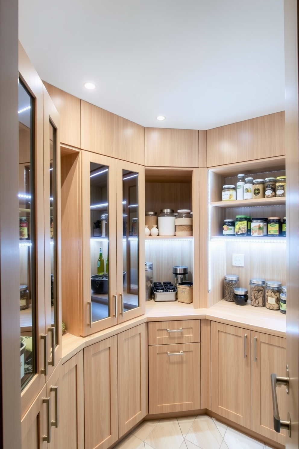 A spacious walk-in pantry featuring LED strip lighting installed along the shelves for enhanced visibility. The cabinetry is crafted from light wood, with glass-front doors showcasing neatly arranged jars and containers.