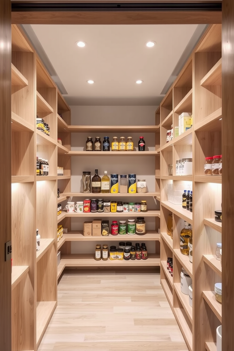 A beautifully designed walk-in pantry features multi-tiered shelving that maximizes storage space while maintaining an organized look. The shelves are crafted from natural wood and are arranged in varying heights to accommodate items of different sizes, ensuring easy access and visibility.