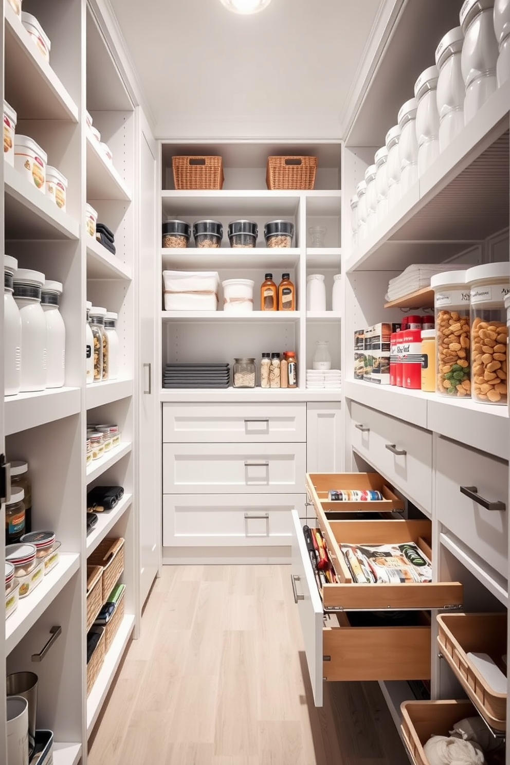 A spacious pantry island featuring additional countertop space for meal prep and organization. The island is topped with a sleek quartz surface, surrounded by open shelving for easy access to kitchen essentials. The walk-in pantry showcases a well-organized layout with floor-to-ceiling cabinetry. Soft lighting illuminates the space, highlighting neatly arranged jars and baskets for a functional yet stylish design.