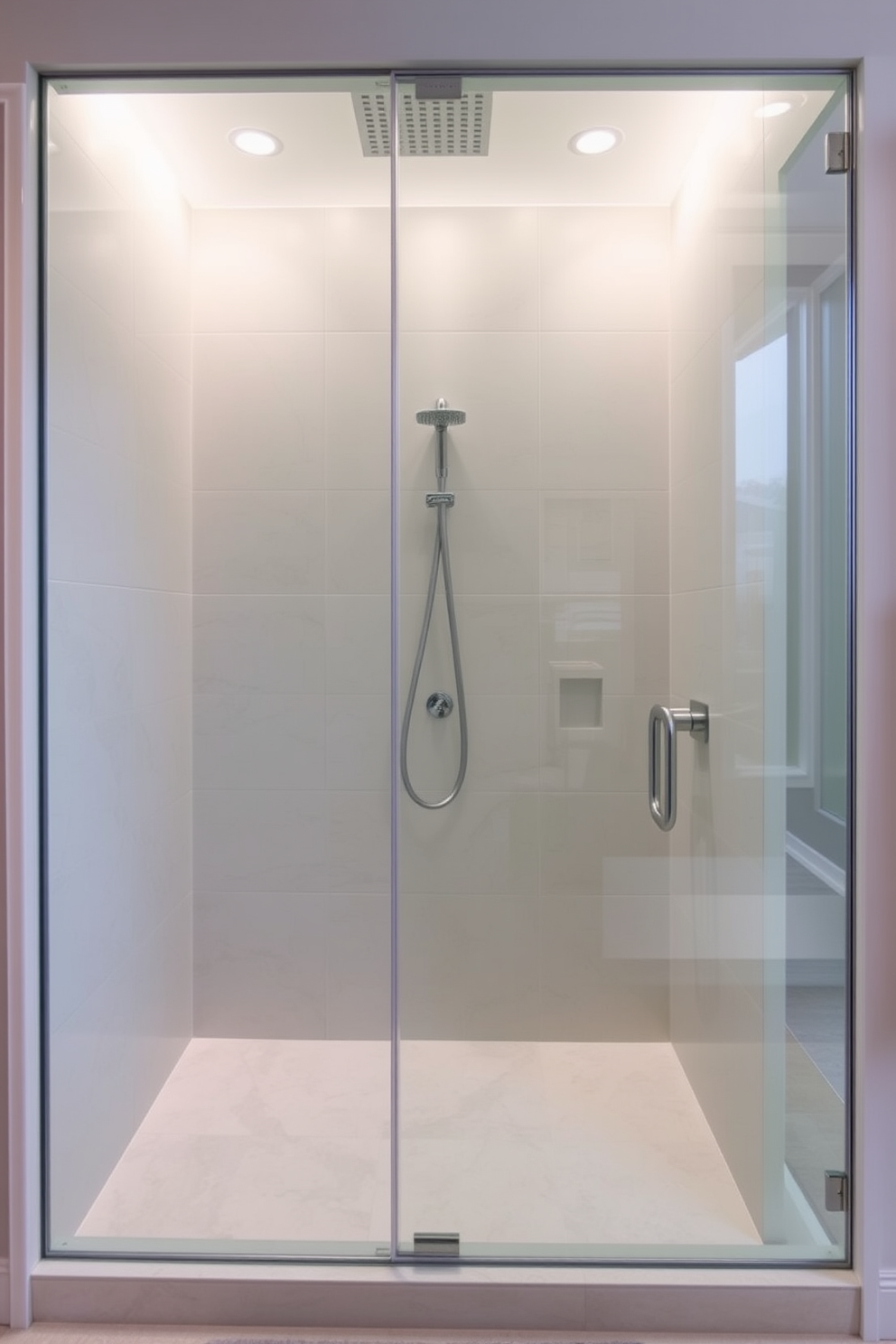 A modern walk-in shower features a frameless glass enclosure that seamlessly integrates with the surrounding space. The sleek design showcases large format tiles in soft neutral tones, creating a serene atmosphere. In the corner, a rainfall showerhead is mounted on the ceiling, providing a luxurious shower experience. A minimalist bench made of natural stone adds functionality and elegance to the design.