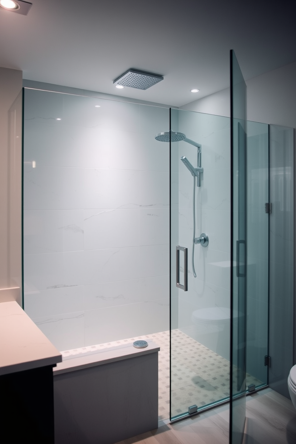 A spacious walk-in shower features dual showerheads positioned on opposite walls, creating an inviting shared space for relaxation. The sleek glass enclosure showcases elegant tile work with a calming neutral palette, enhancing the overall serenity of the bathroom.