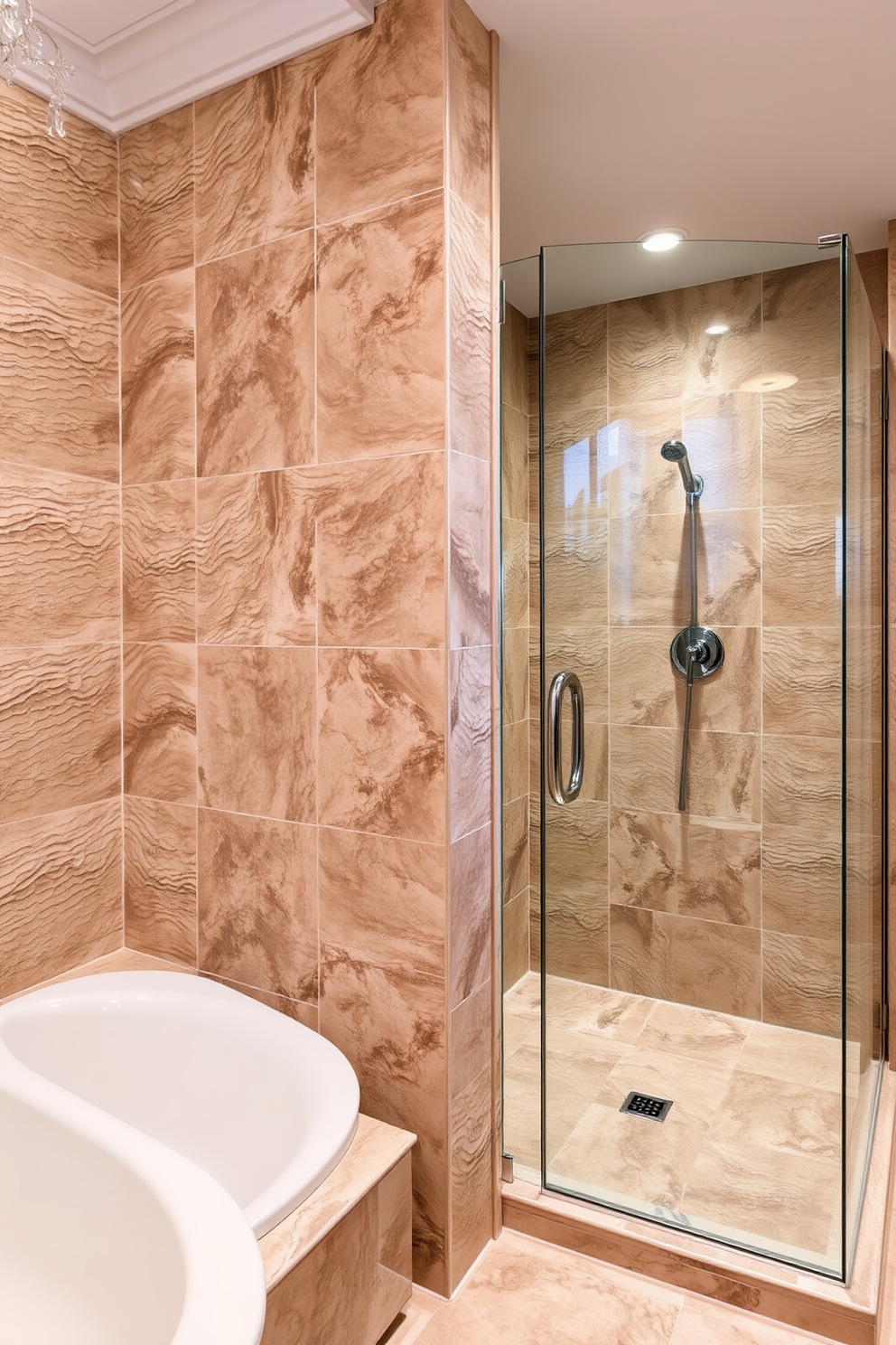 A luxurious bathroom featuring textured tiles that create depth and visual interest on the walls and floor. The walk-in shower is designed with seamless glass doors and elegant fixtures, providing a spa-like experience.