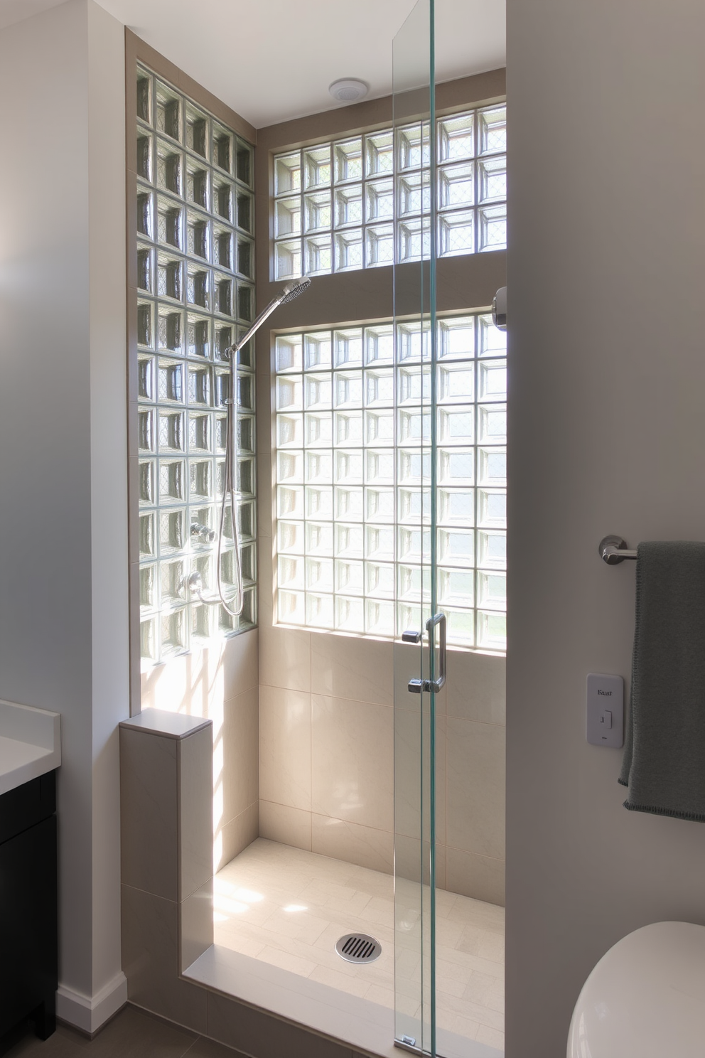 A spacious bathroom featuring bright white tiles that create an airy and open feel. The centerpiece is a luxurious walk-in shower with glass doors, complemented by sleek chrome fixtures and a rainfall showerhead.