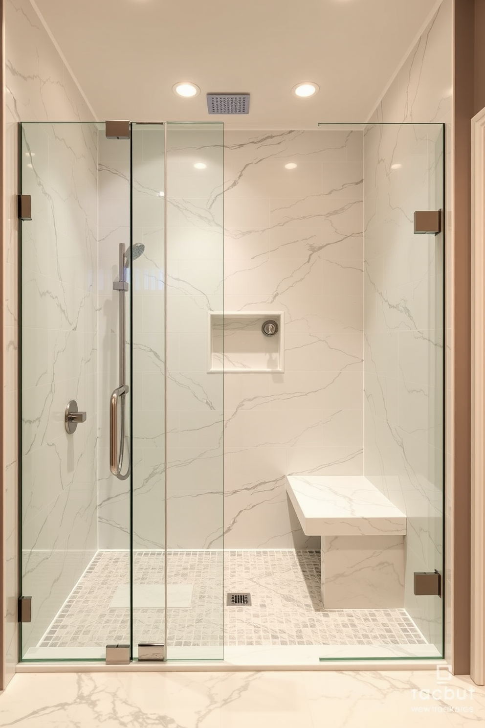 A luxurious walk-in shower designed with large marble tiles that exude classic elegance. The spacious shower features a rain showerhead and a sleek glass enclosure, complemented by a built-in bench for comfort.