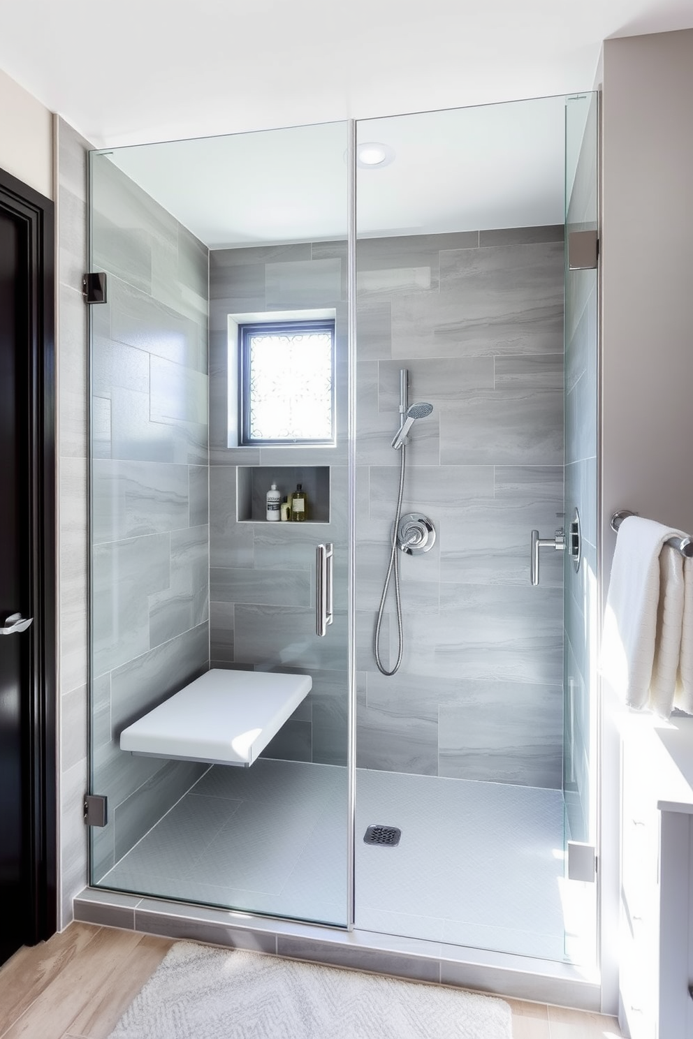 A corner shower with a unique layout features a glass enclosure that maximizes space while providing a modern aesthetic. The walls are adorned with large-format tiles in a soft gray, complemented by a rainfall showerhead and sleek chrome fixtures. The walk-in shower design incorporates a built-in bench for added comfort and convenience. Natural light floods the space through a frosted window, highlighting the elegant stone flooring and minimalist shelving for toiletries.