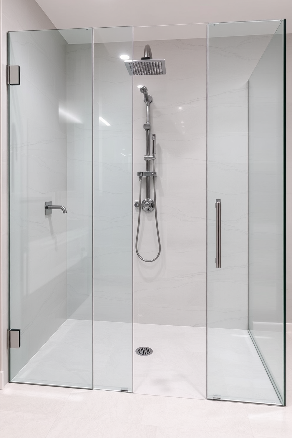 A luxurious walk-in shower features dual showerheads mounted on a sleek glass wall. The floor is adorned with large format tiles in a soft gray tone, creating a serene atmosphere.