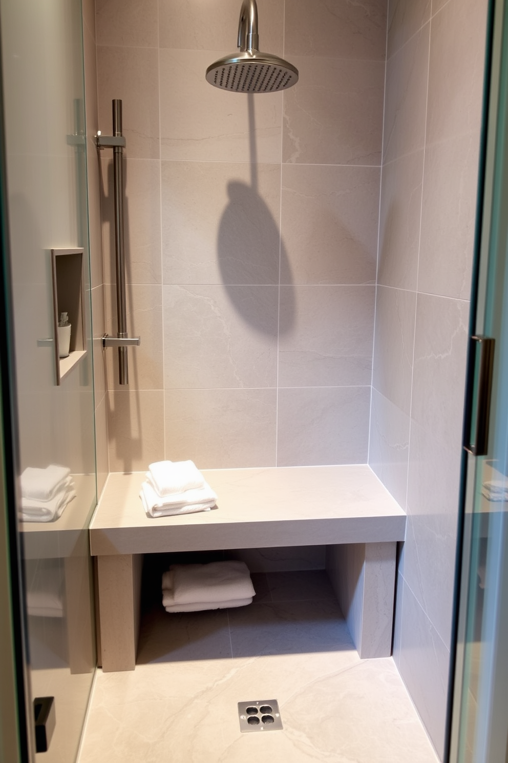 A contemporary bathroom featuring a spacious walk-in shower with sleek black fixtures providing a striking contrast against the light-colored tiles. The shower area is enclosed with clear glass panels, and a rainfall showerhead is installed for a luxurious experience. The walls are adorned with soft gray paint that complements the dark accents throughout the space. A minimalist floating vanity with a white countertop and a large mirror enhances the modern aesthetic while offering functional storage.